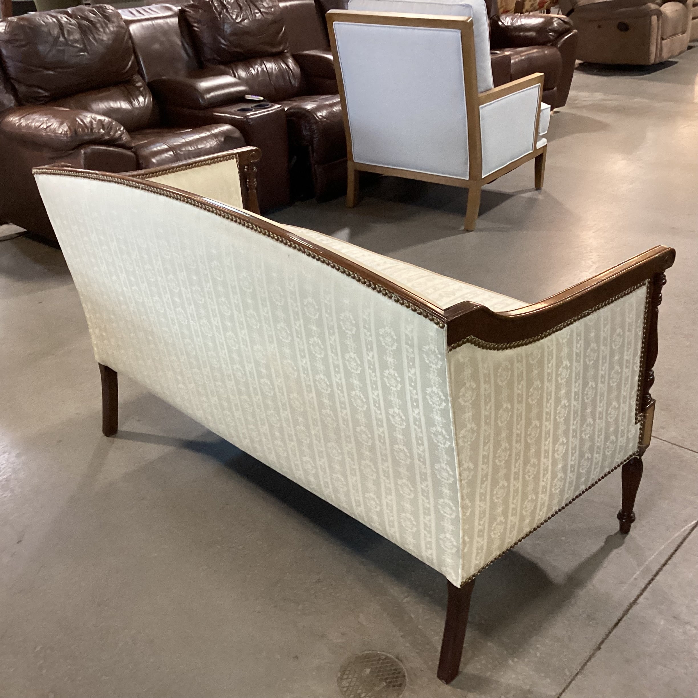 Hickory Chair Furniture Cream Ribbon with Nailhead & Carved Wood Loveseat Sofa 53"x 28"x 34"