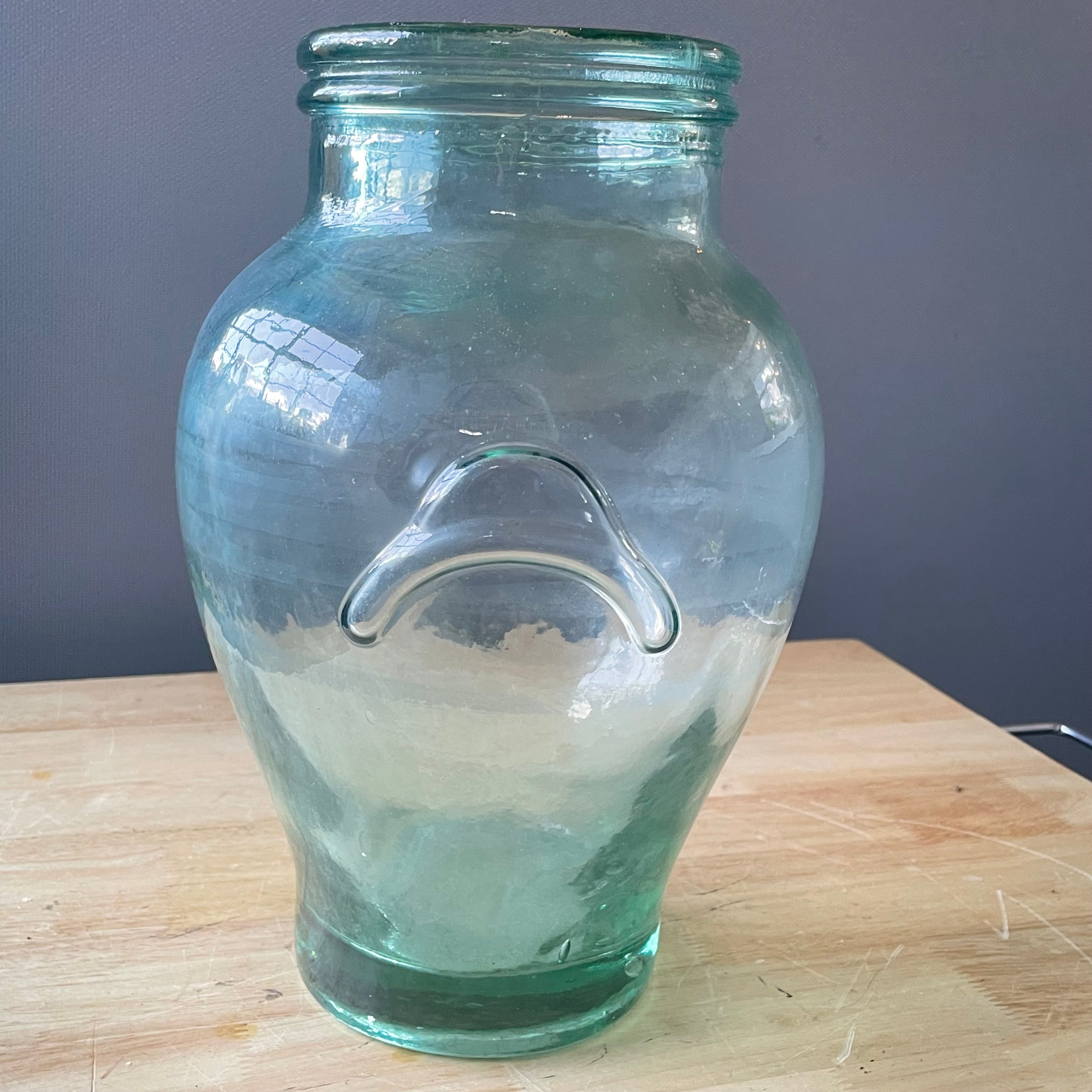 Vintage Rosenthal Netter Green Blown Glass with Bow Handles Olive Jar/Vase, 9"x 12.75"