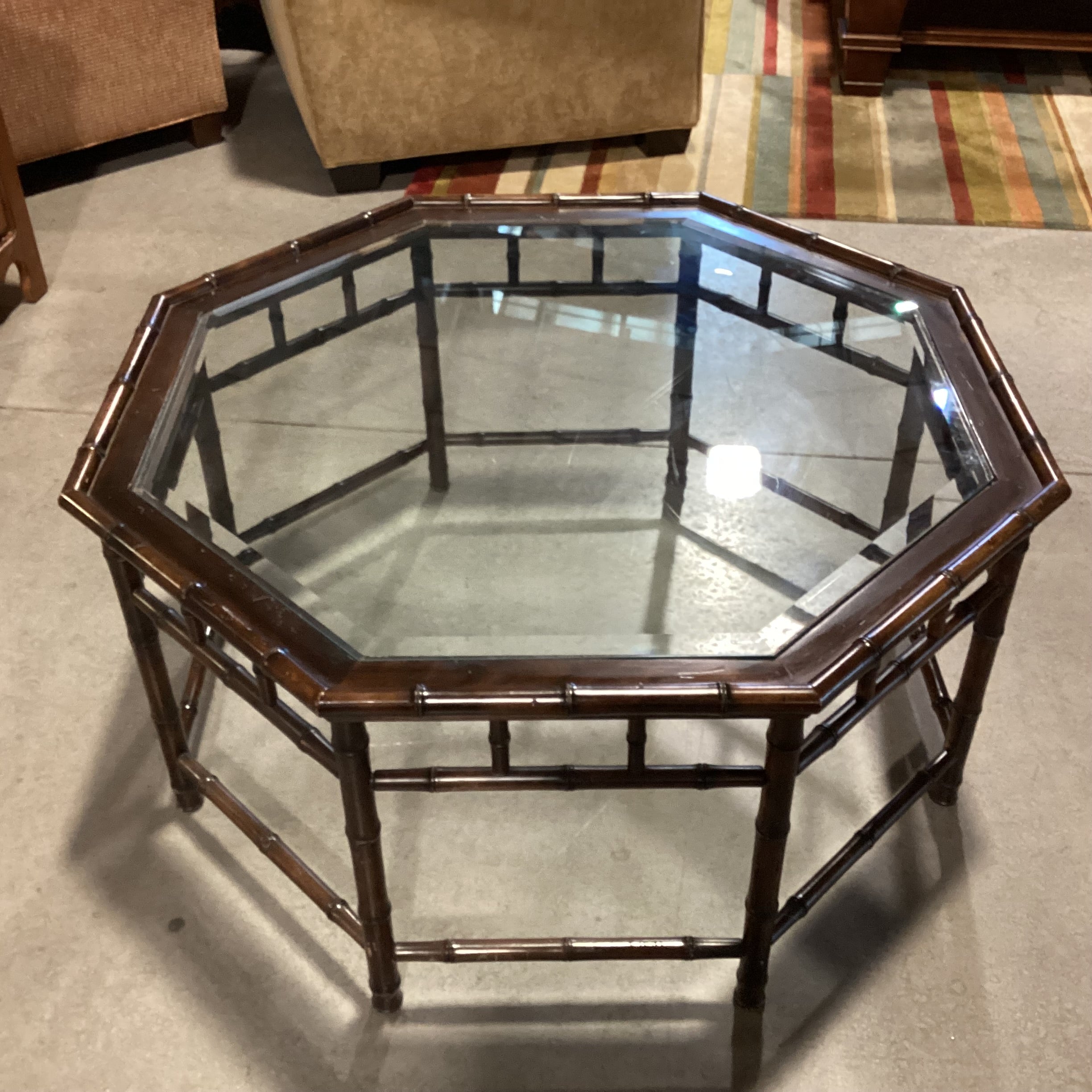 Vintage Hollywood Regency Bamboo Style Wood & Glass Octagonal Coffee Table 40.5"x 40.5"x 20"
