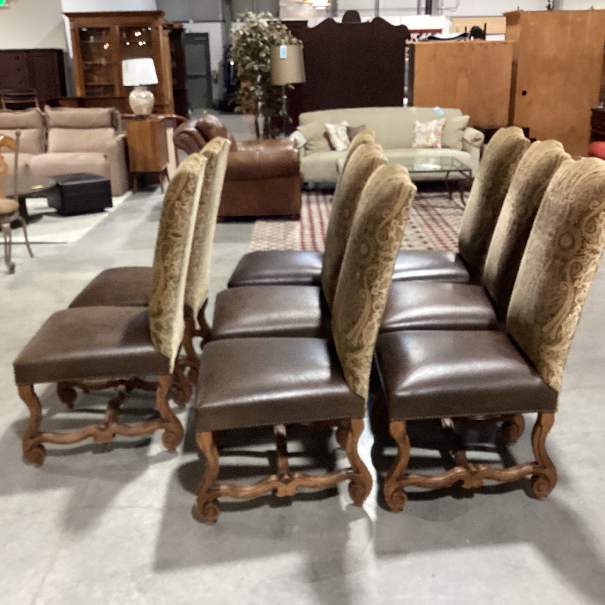 SET of 8 Ornate Carved Wood Leather Nailhead & Paisley Velvet Dining Chairs 22"x 24"x 44.5"