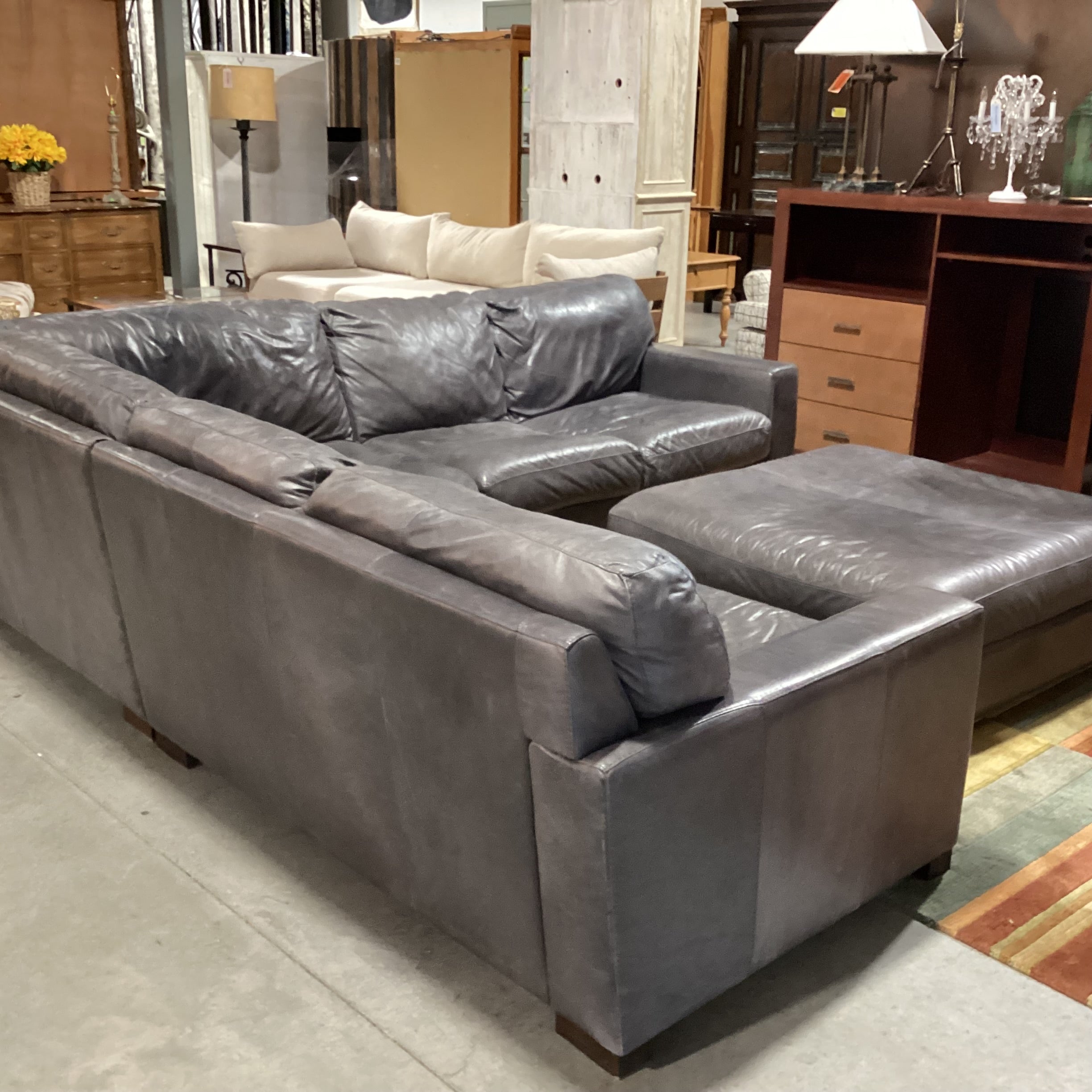 Softline Made in Italy Grey Distressed Leather 4 Piece with Ottoman Sectional 111"x 111"x 42"x 33"