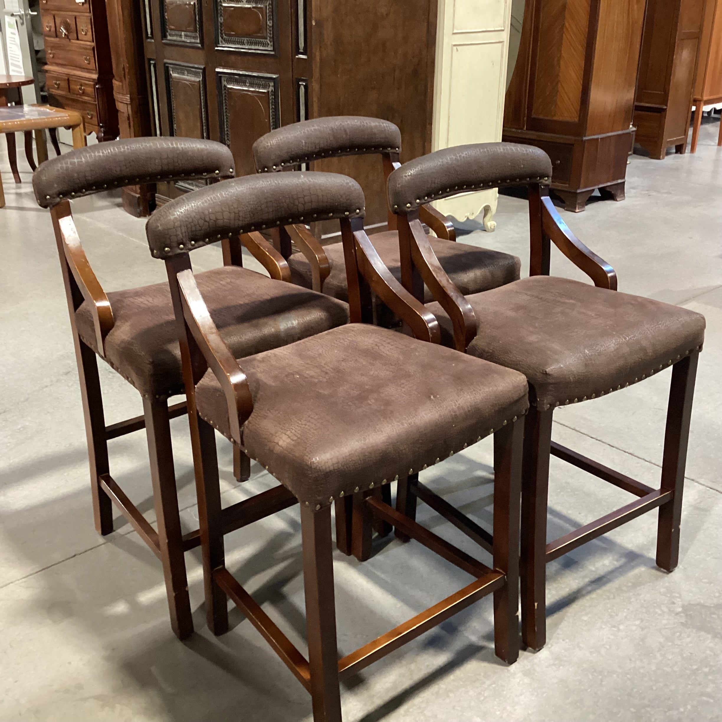 SET of 4 Pier 1 Imports Wood & Croc Style Micro Suede with Nailhead Barstools 26"