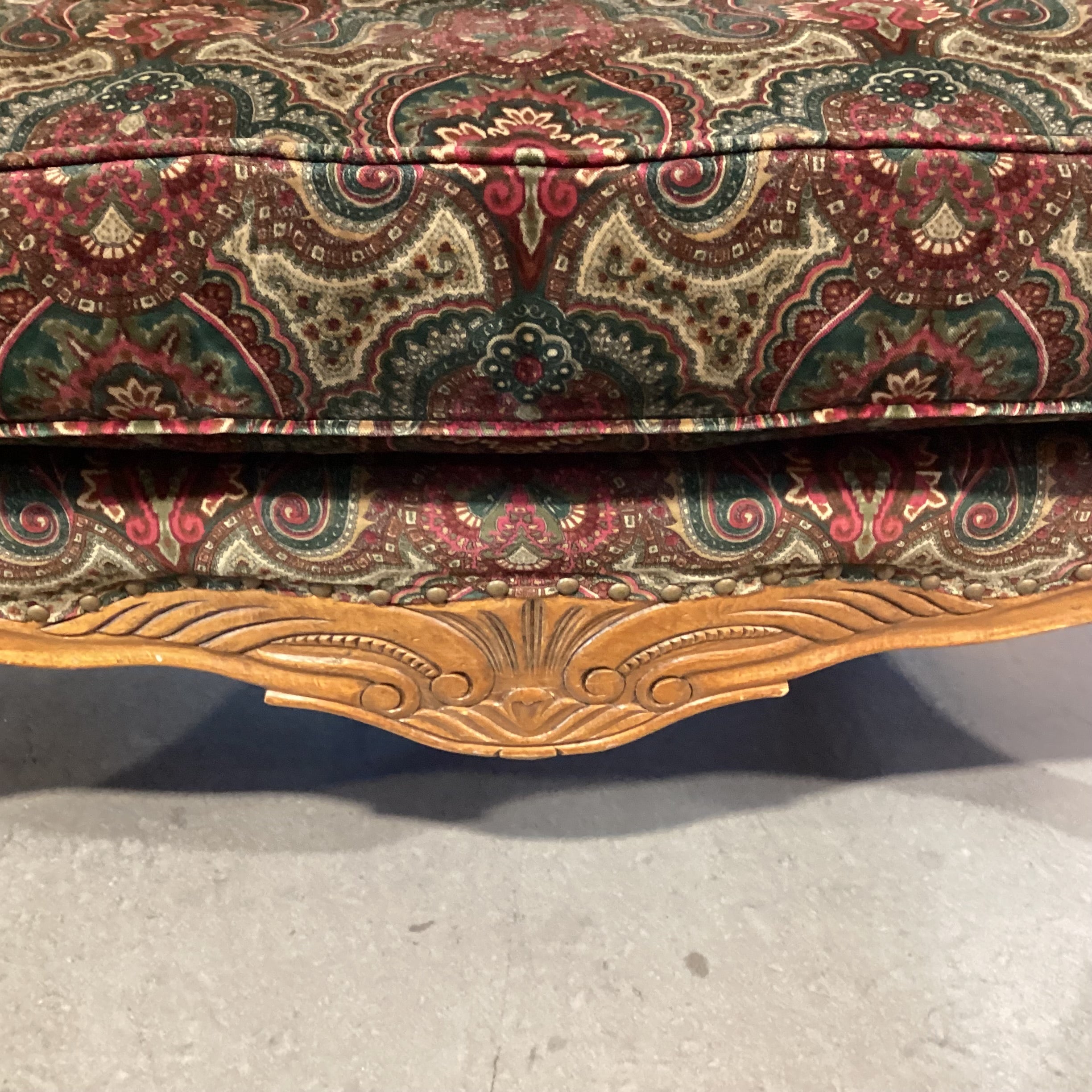 Vintage Ralph Lauren Red Green Paisley Velvet Nailhead & Carved Wood Oversized Chair 42"x 42"x 38"