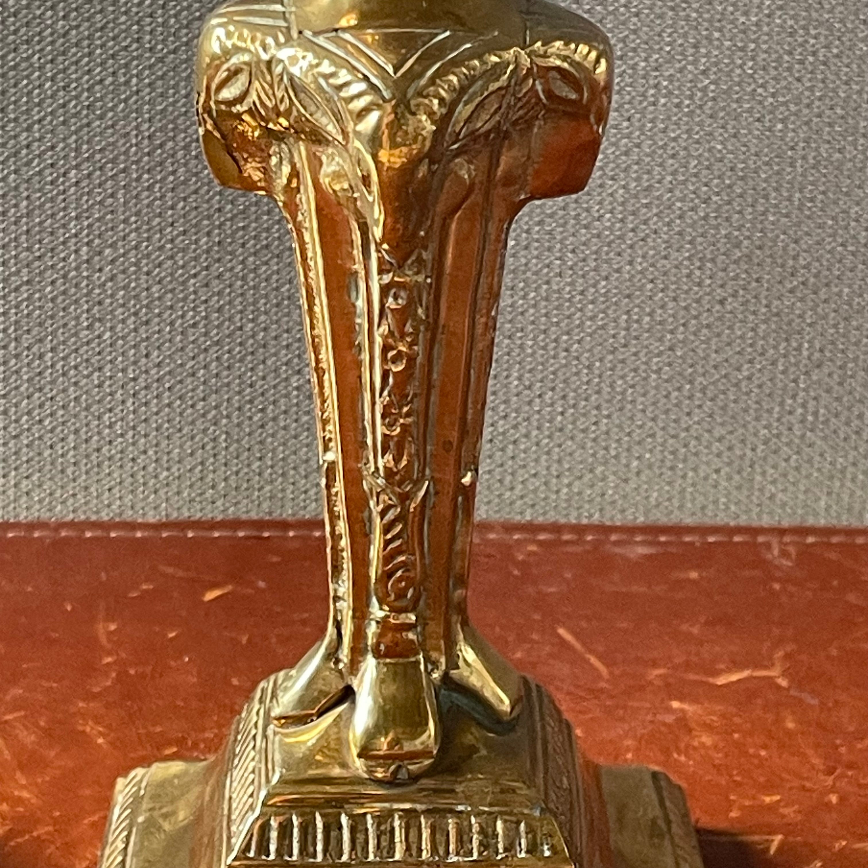 Vintage Hollywood Regency Style Art Deco Revival Brass Ramshead Candleholders, Pair, 3.5"x 8"