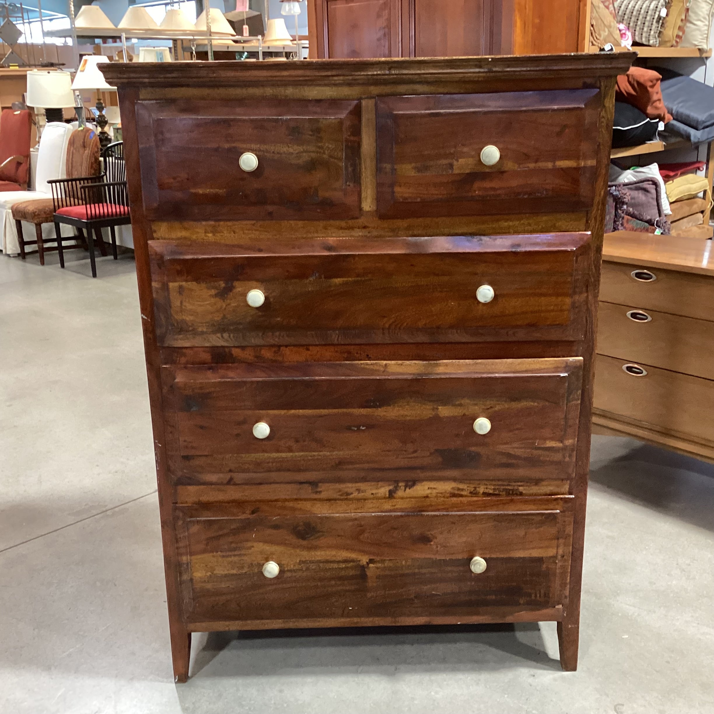 Solid Distressed Red Tone Finished Wood 5 Drawer Chest 39.5"x 21.5"x 54.5"