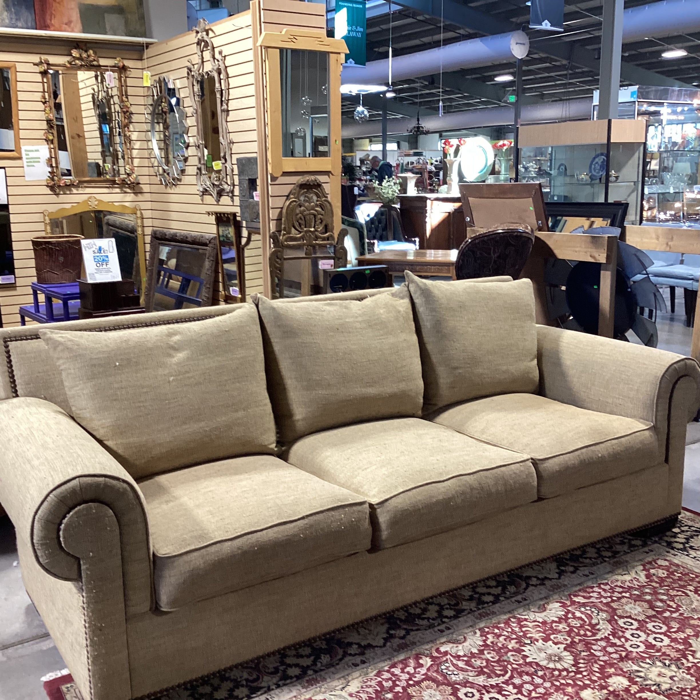 Rene Cazares Golden Tan Woven with Nailhead Down Mix Sofa 96"x 38"x 35"