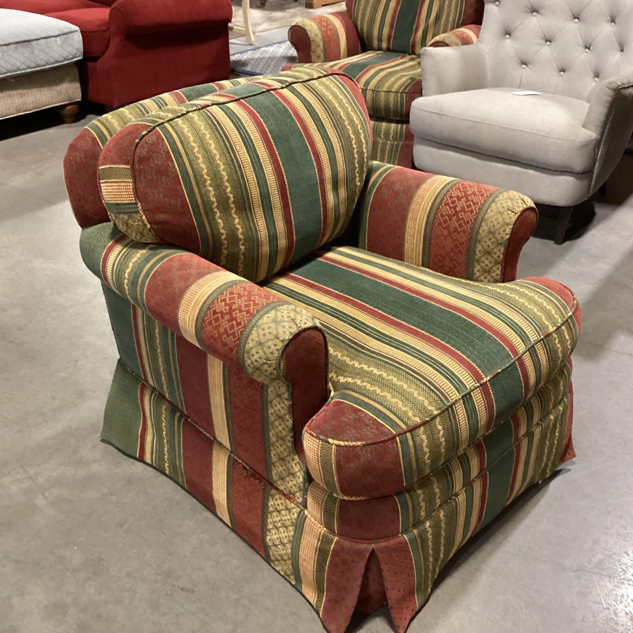 D Langston Custom Rust Green Gold Ribbon Design & Down Swivel Chair 33"x 36"x 31"