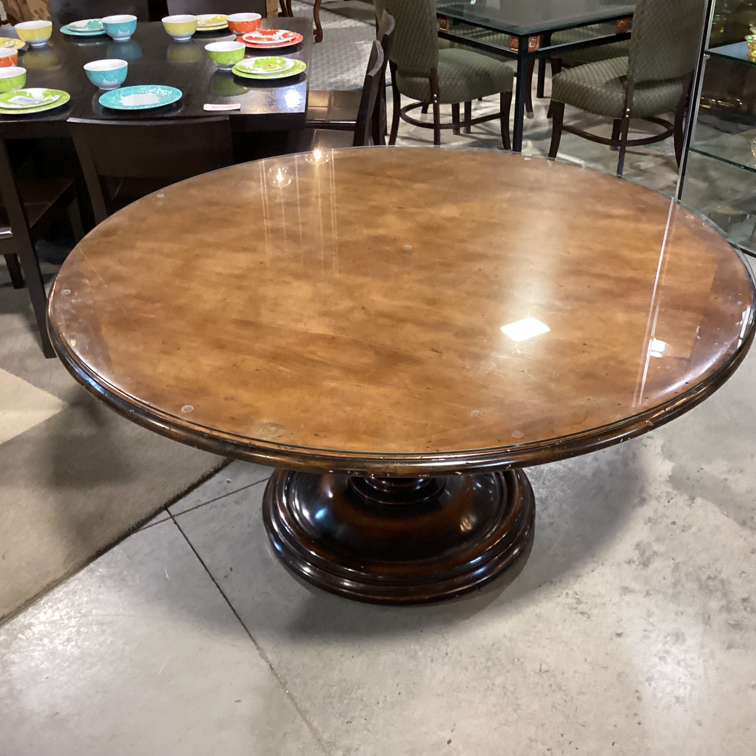 Carved Distressed Finish with Ornate Pedestal & Glass Top Round Dining Table 60" Diameter x 30"