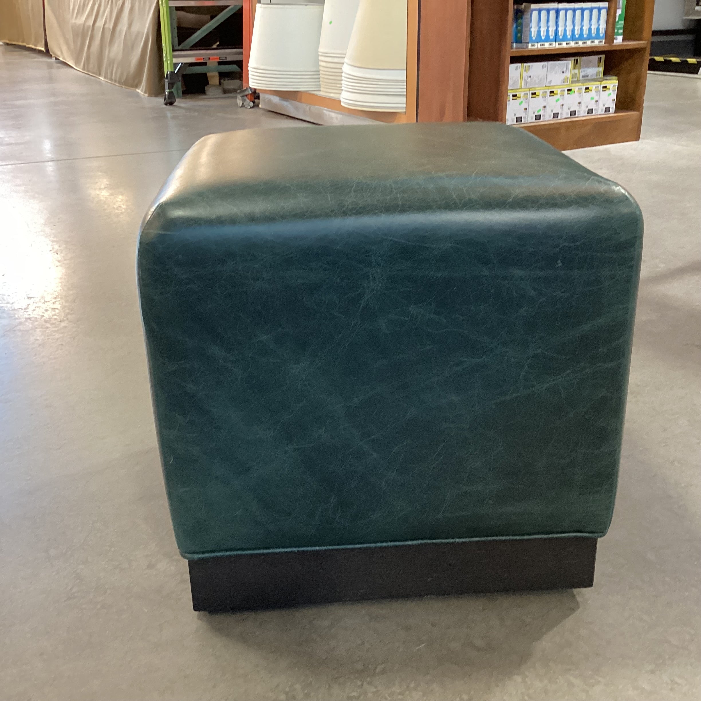 Teal Leather Black Oak Base Cube Ottoman 19"x 19"x 18.5"