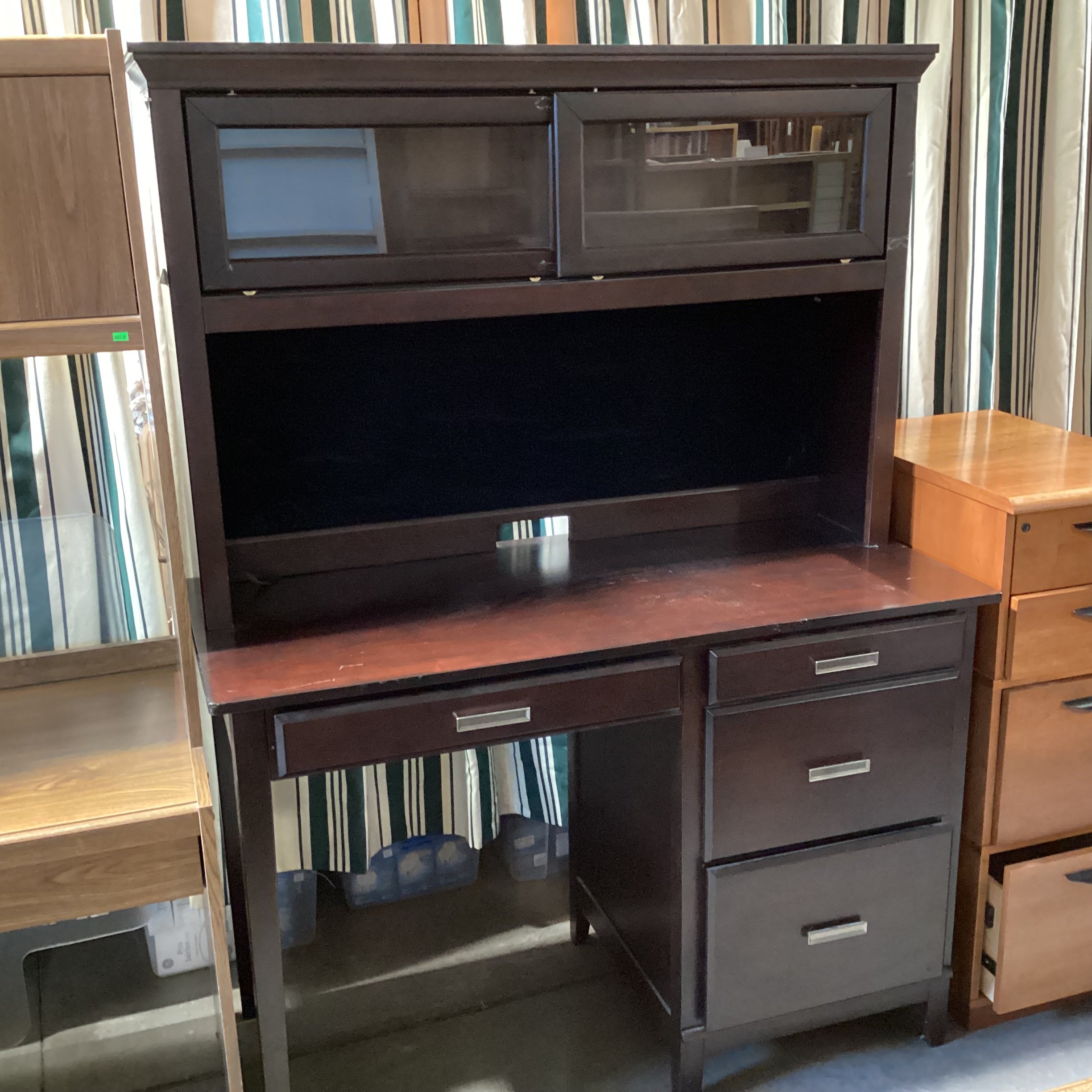 Solid Dark Wood Desk with 3 Drawers and Over Head Display Case 52"x 24"x 71"