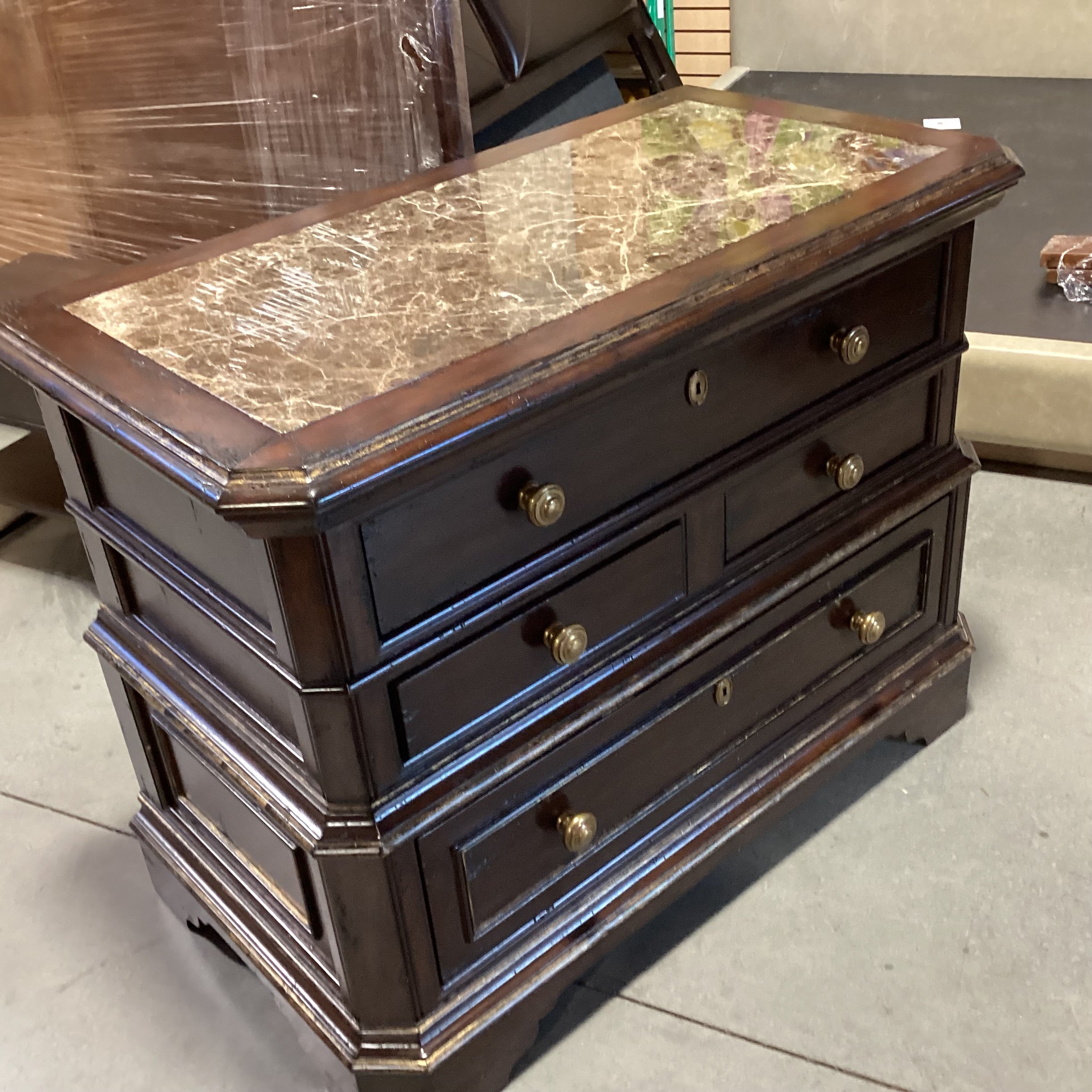 Marge Carson Antiqued Black with Gold Detail Solid Wood Marble Inset 4 Drawer with Brass Chest 46"x 24"x 35.5"