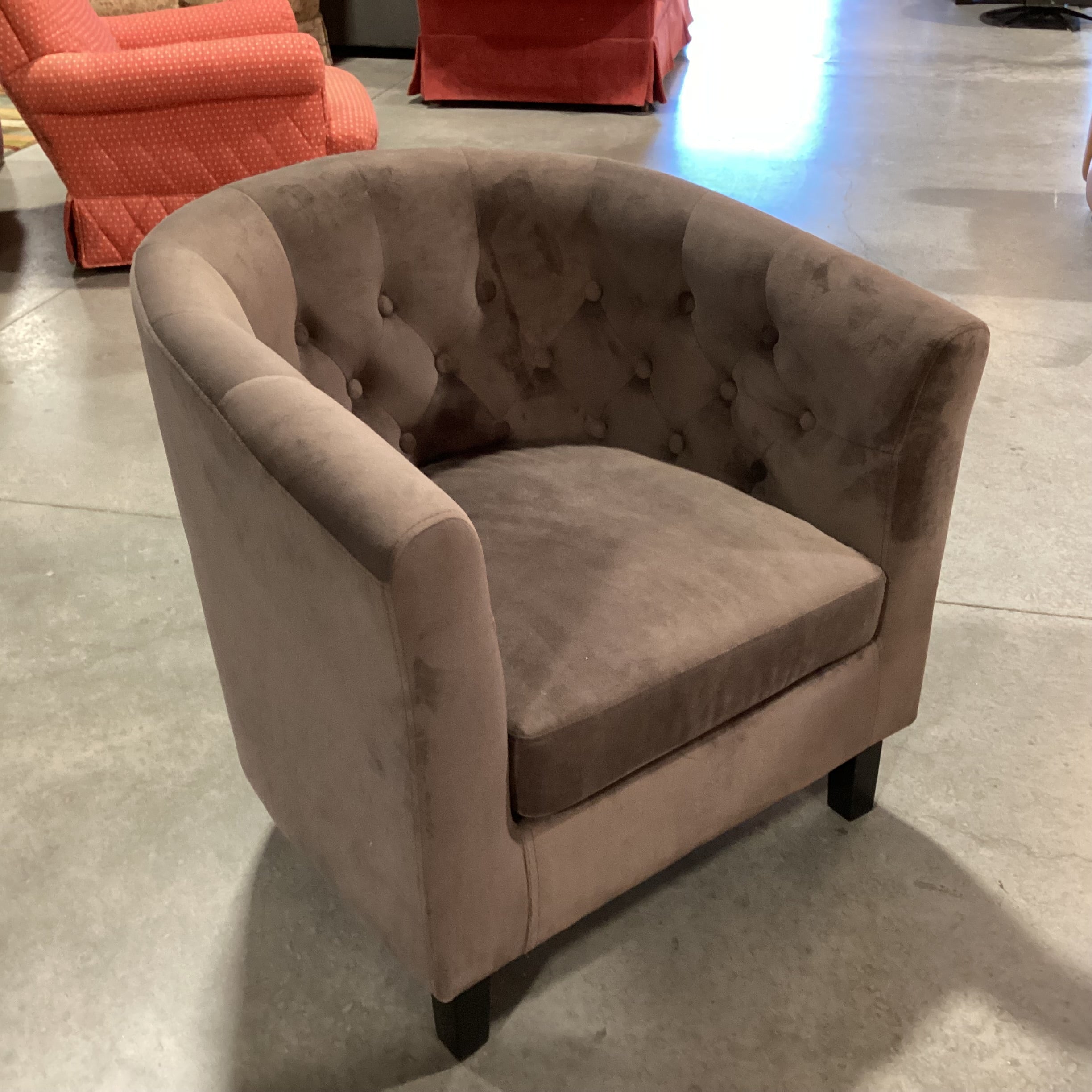 Taupe Brown Plush Velvet Button Tufted Barrel Chair 30"x 28"x 30"
