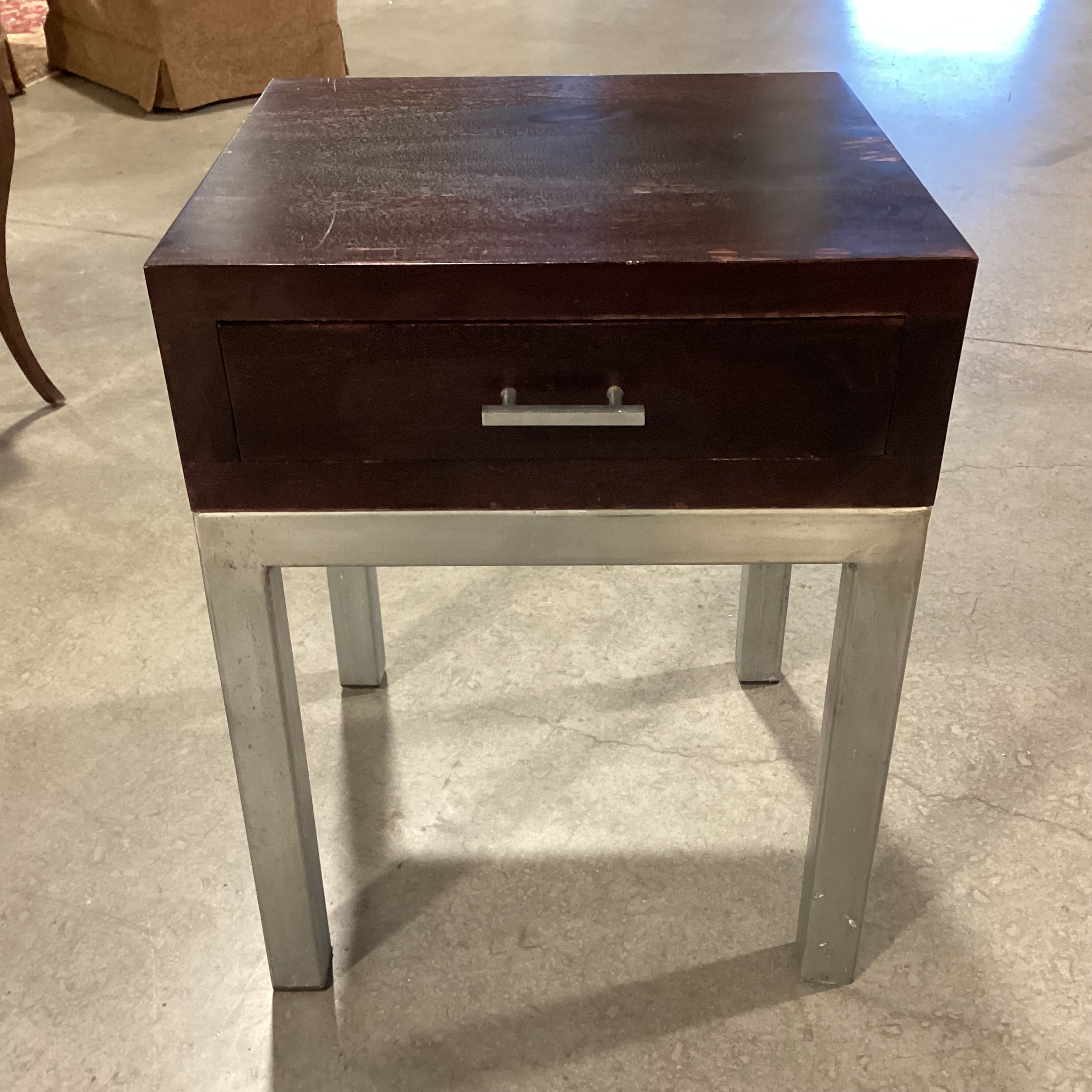Dark Distressed Wood & Square Bar Steel Base 1 Drawer End Table 20"x 19"x 26.5"