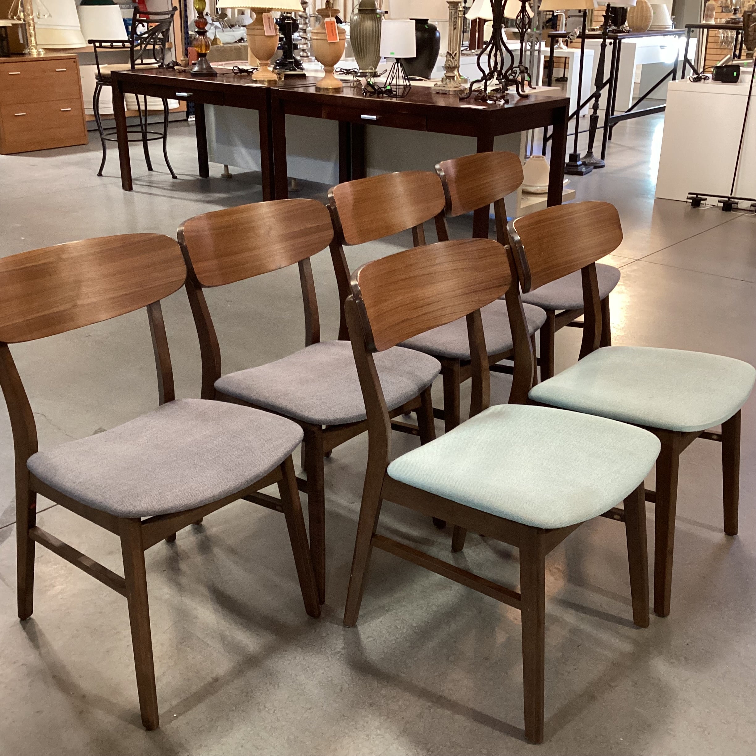 SET of 6 Mid Century Style Walnut Blue & Grey Seat Dining Chairs 18"x 18"x 30.5"
