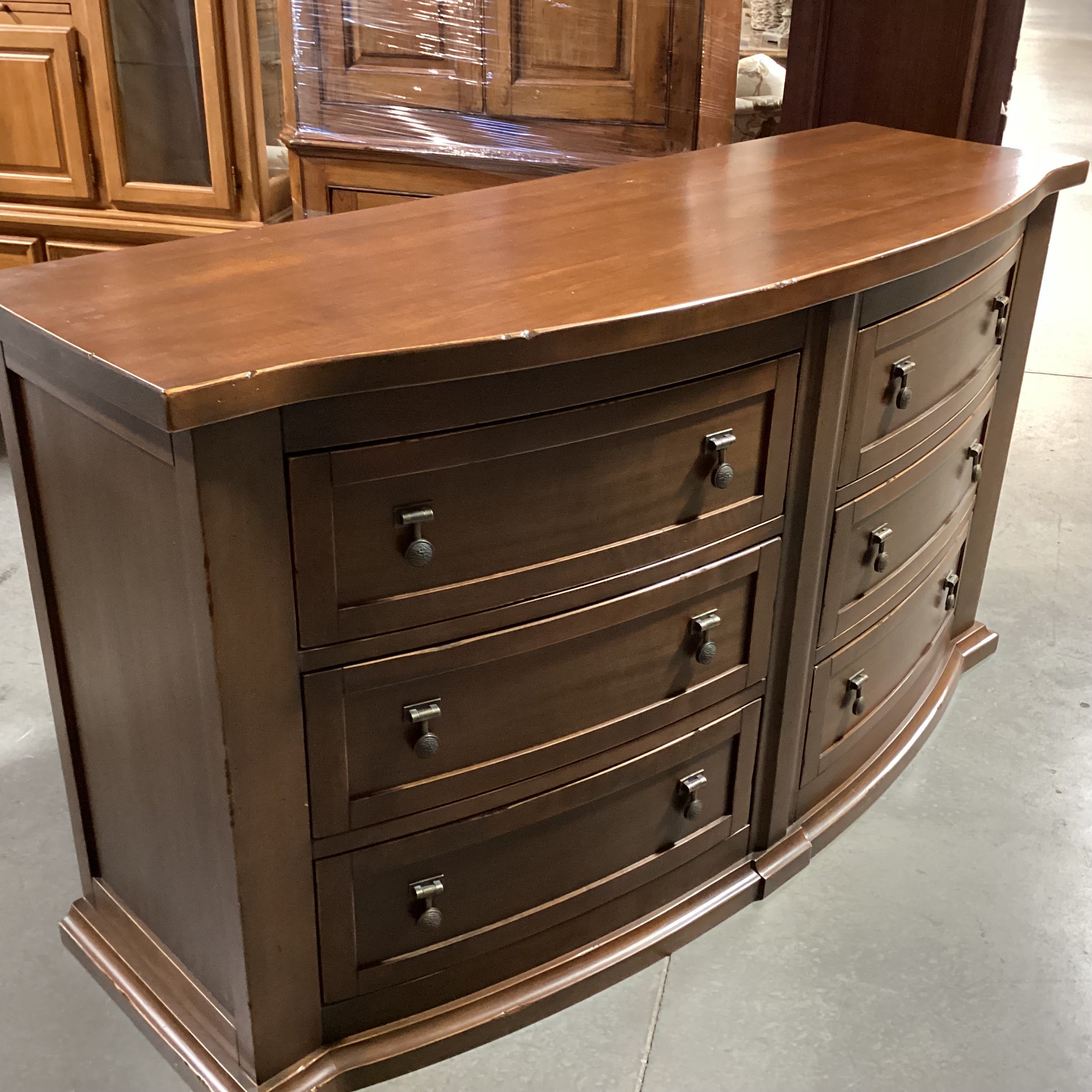 Dark Distressed Finish Solid Carved Wood 6 Drawer Curved Front Dresser 66"x 23.5"x 37"