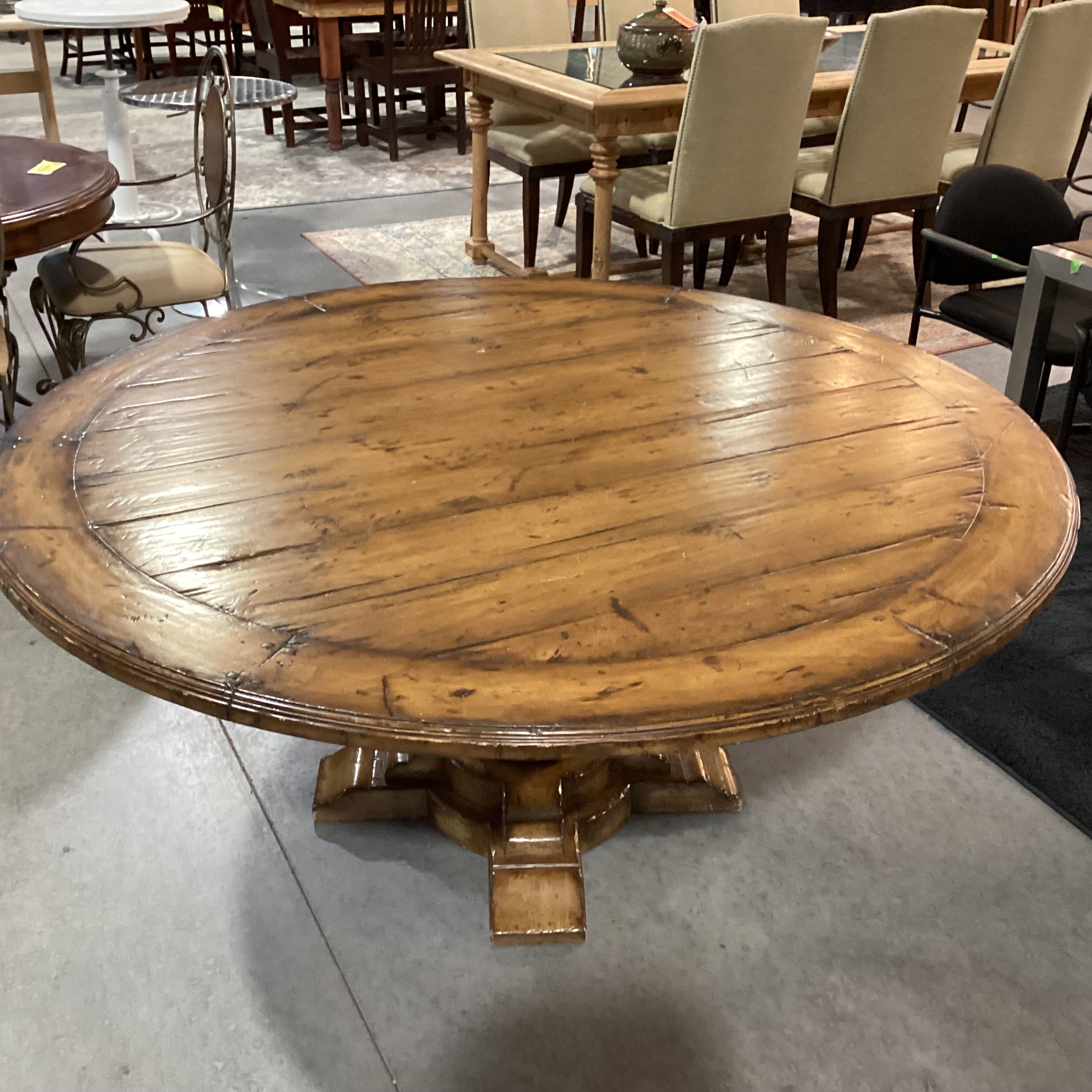 Light Distressed Wood with Pedestal Round Dining Table 62" Diameter x 29.5"
