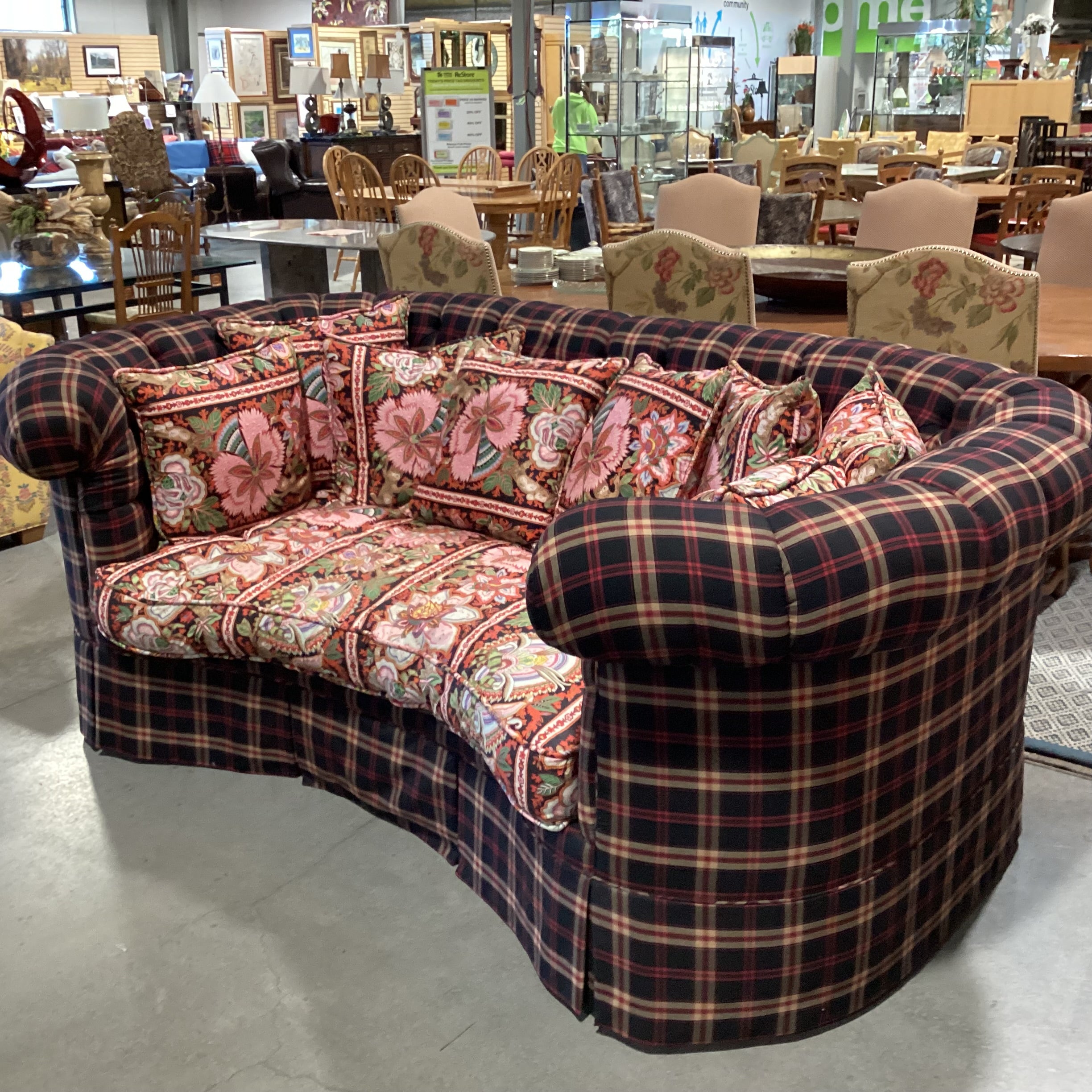 Custom Black Red Tan Plaid Button Tufted with Pink Ornate Floral Cushion & Pillows Down Mix Sofa 100"x 58"x 40"