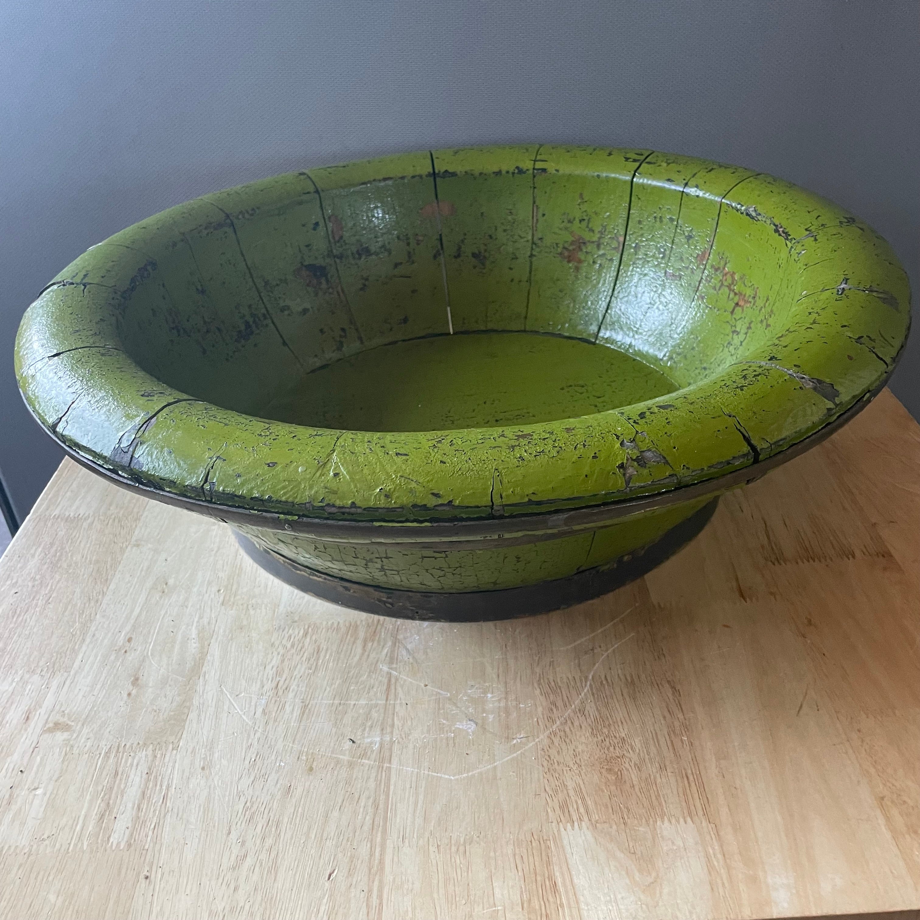 Antique Chinese Green Lacquer Wood, Metal Banded Wash Basin, 20.5"x 6"