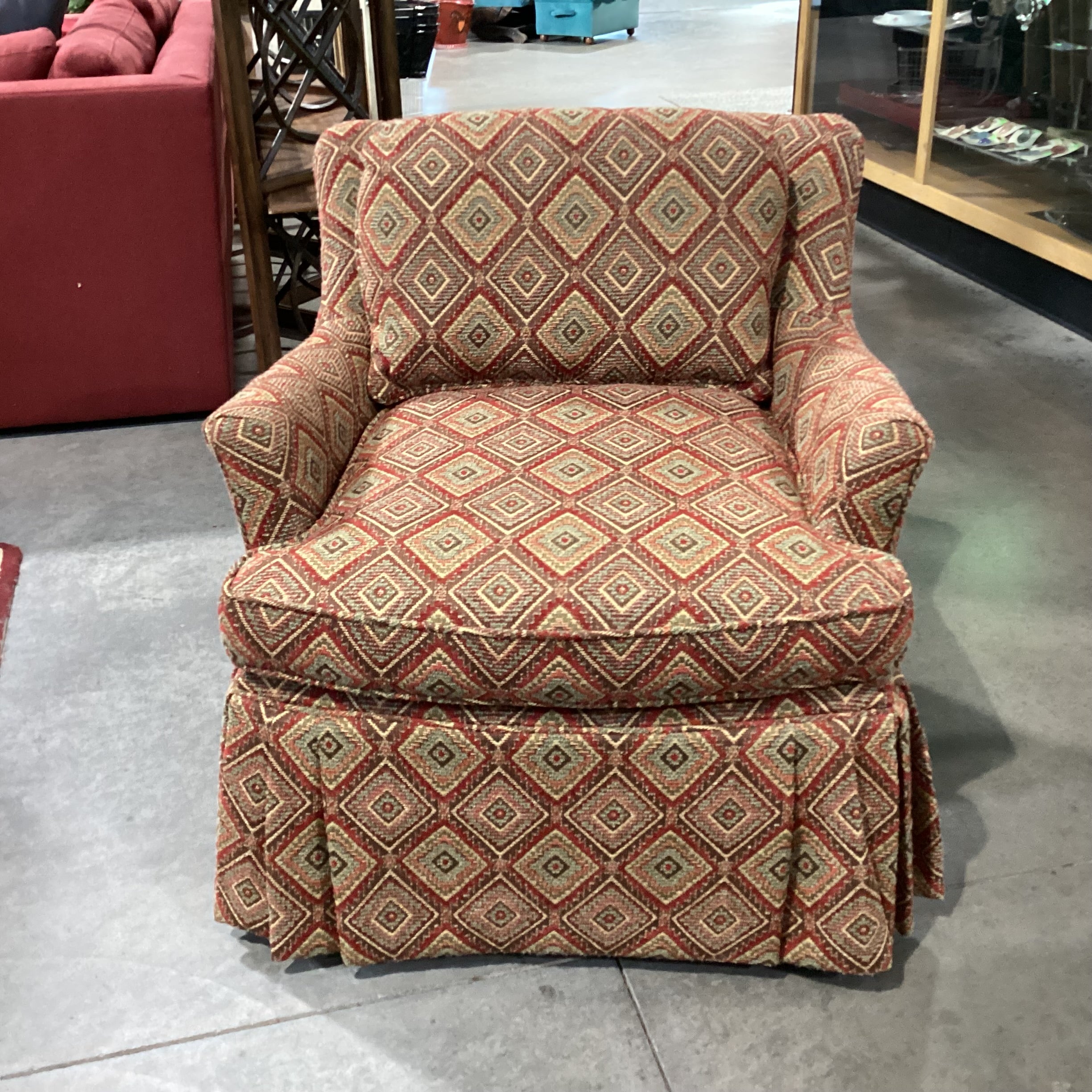 Dindy Foster Interiors Brown Gold Red Sage Diamond Pattern Woven with Tailored Skirt Chair 30"x 32"x 30"