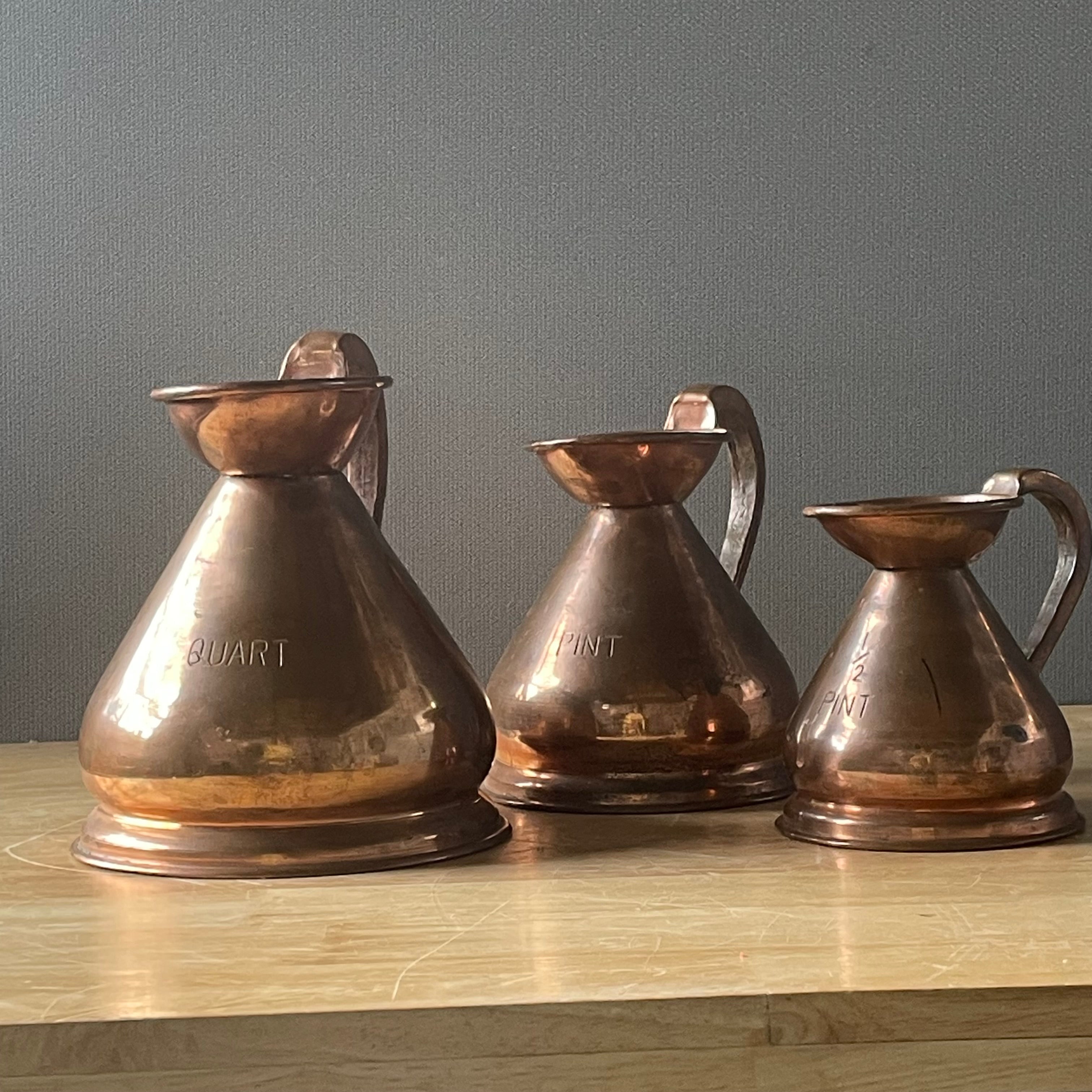 Set of 3 Antique Historical Queen Victoria (VR) Stamped Copper Haystack Measures