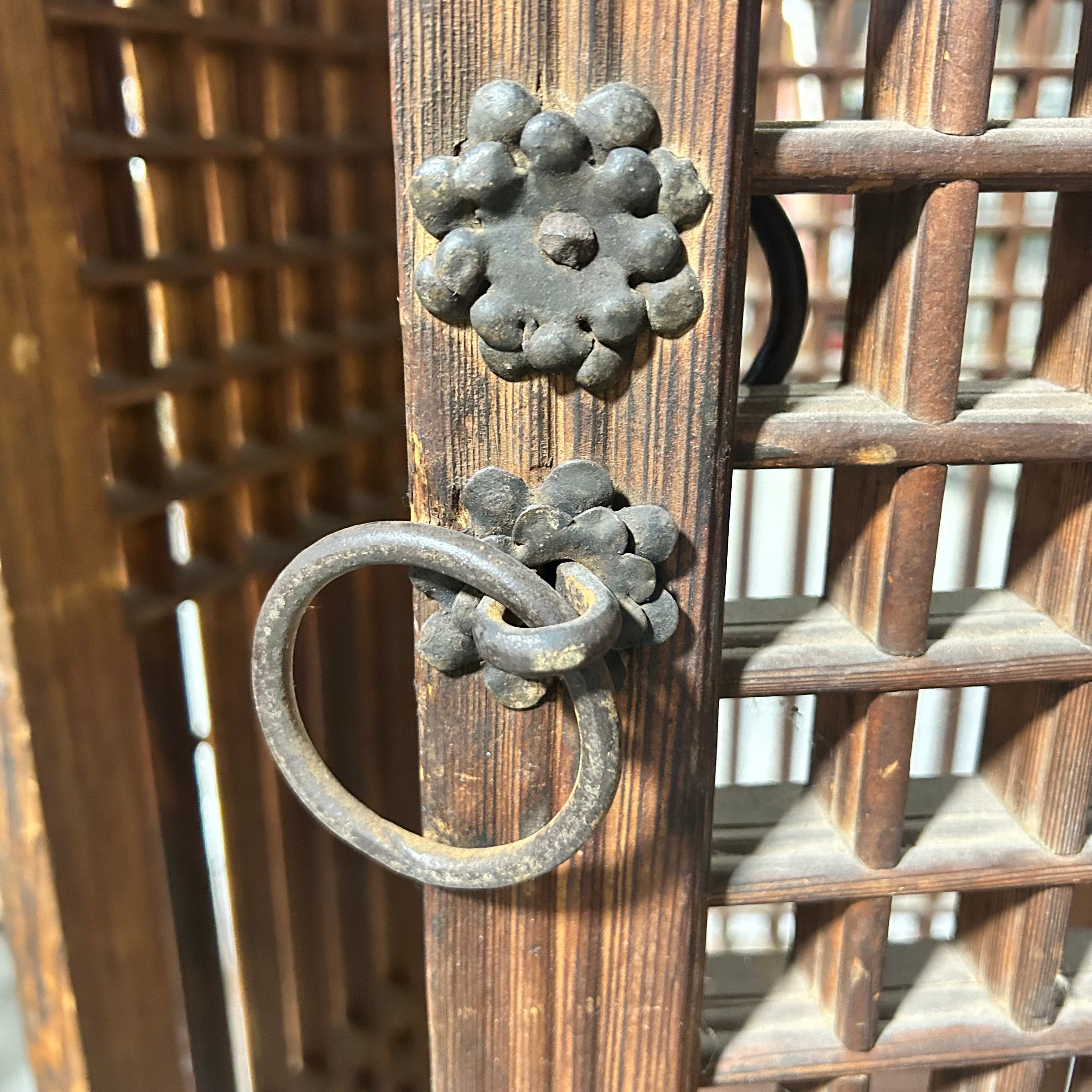 Oriental Antique Four-Panel Wooden Screen With Iron Hardware 62"x 64"