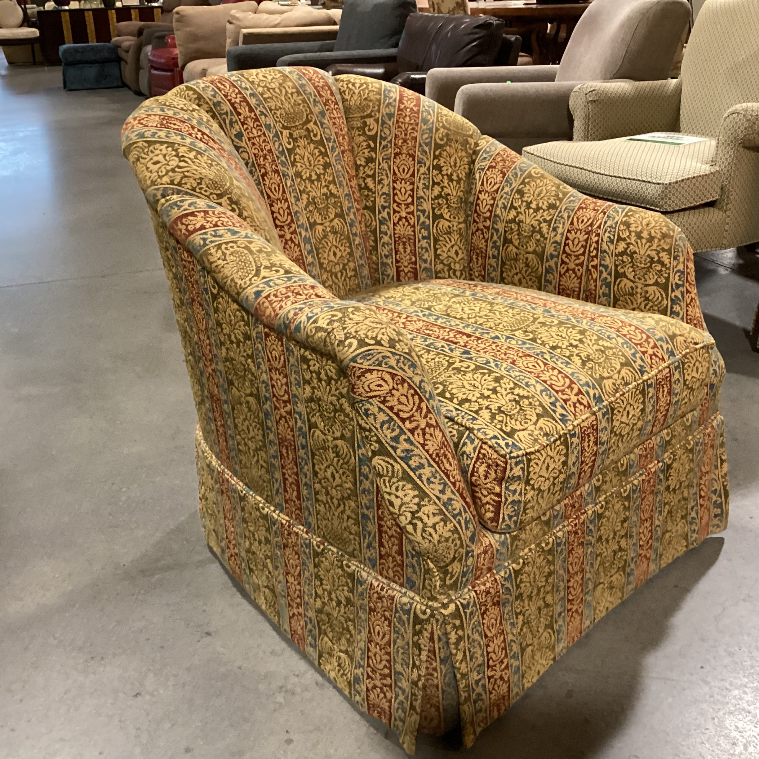 Custom Gold Sage Blue Rust Ornate Woven Ribbon Floral Scallop Back on Casters Chair 33"x 34"x 33"