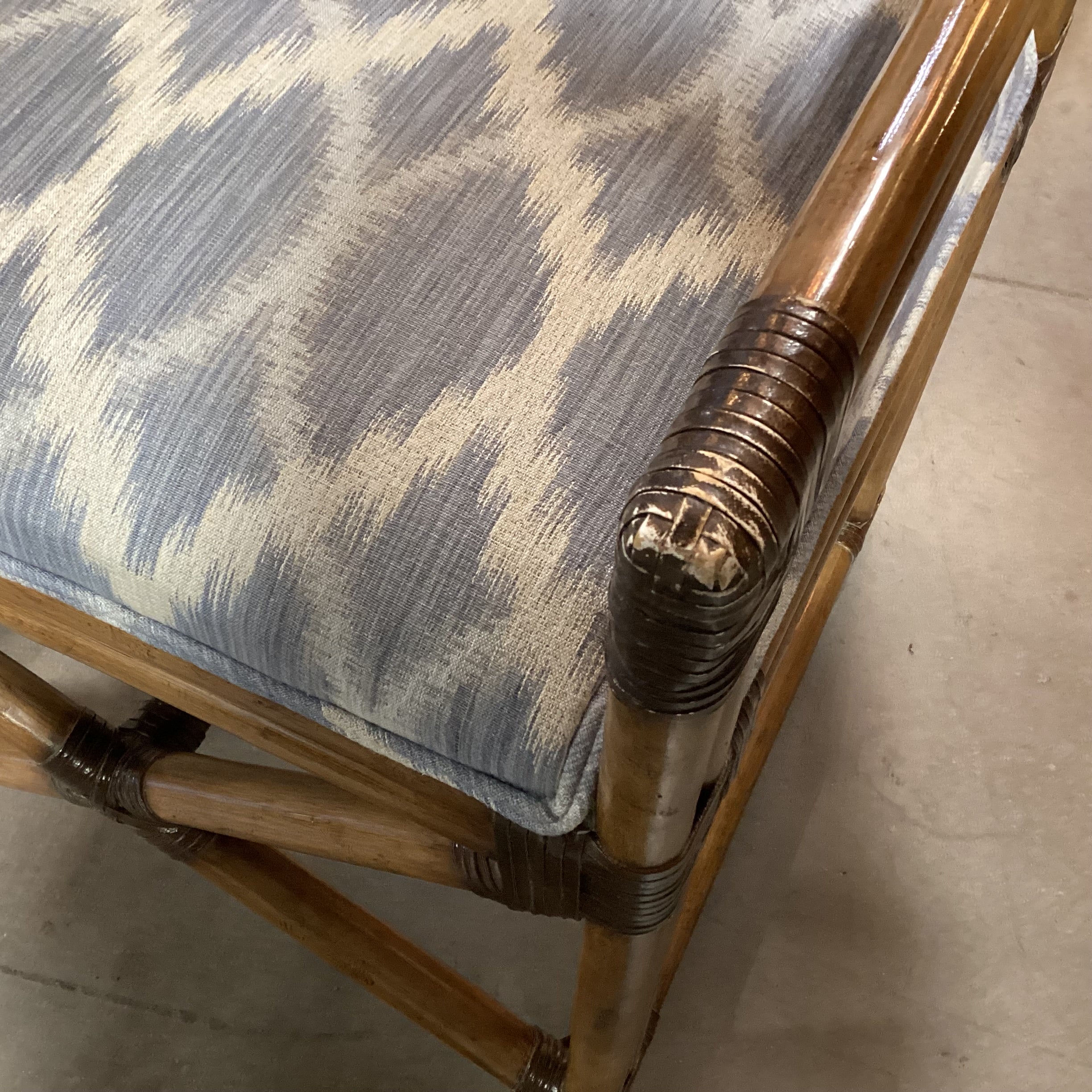 Vintage Bamboo Leather Strap Wrapped & Blue White Design Accent Chair 24"x 24"x 35"