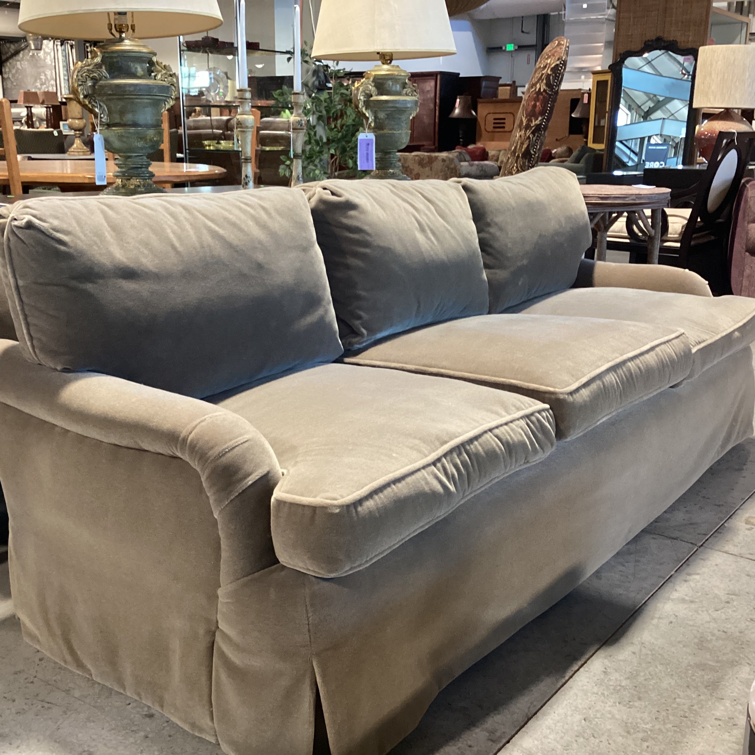 Rocky Mountain Upholstery Custom Taupe Mohair Sofa 87"x 40"x 30"