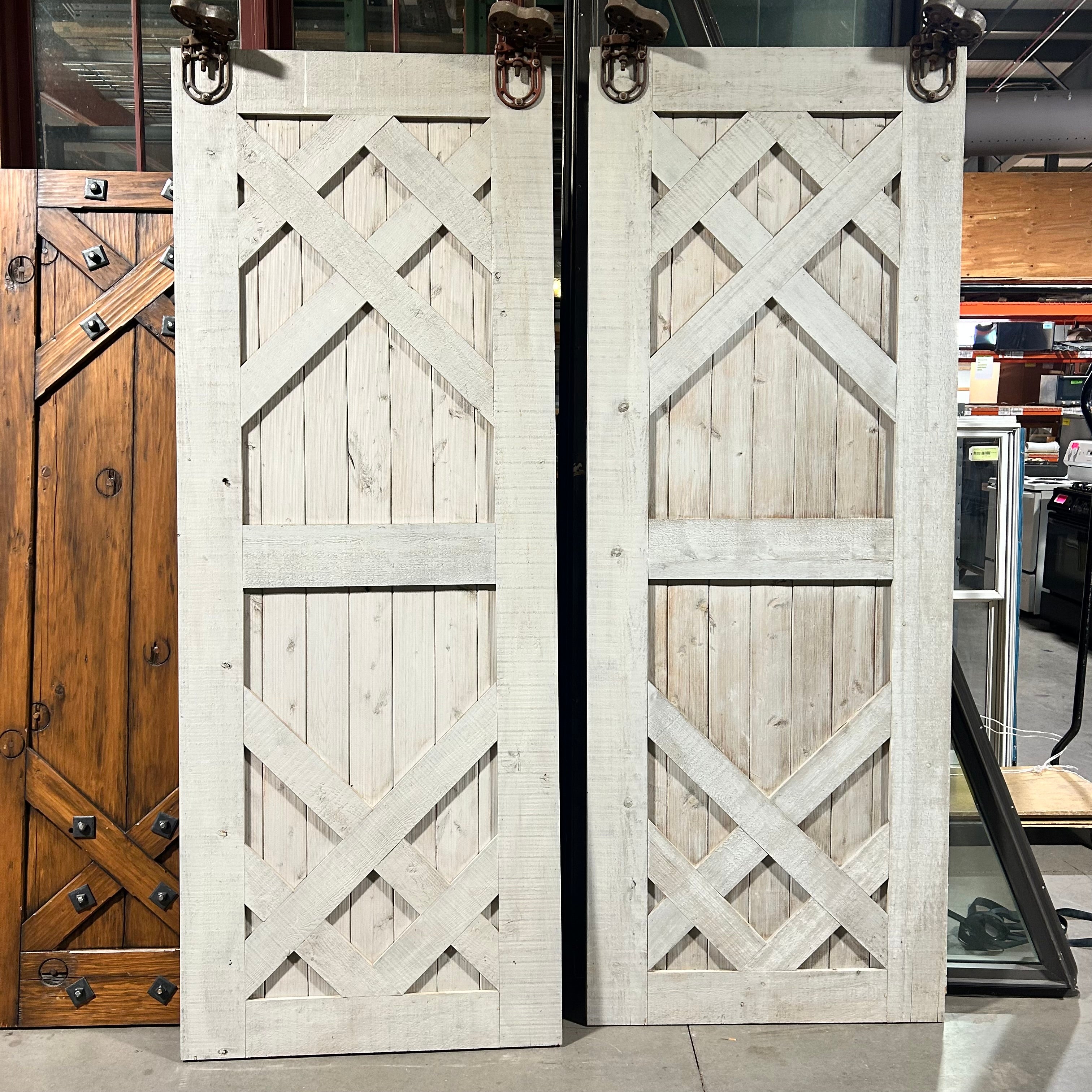 36"x 95.5"x 2" Grey Wash Barn Door PAIR with Kris/Cross Decor and Antique Trolley Hardware