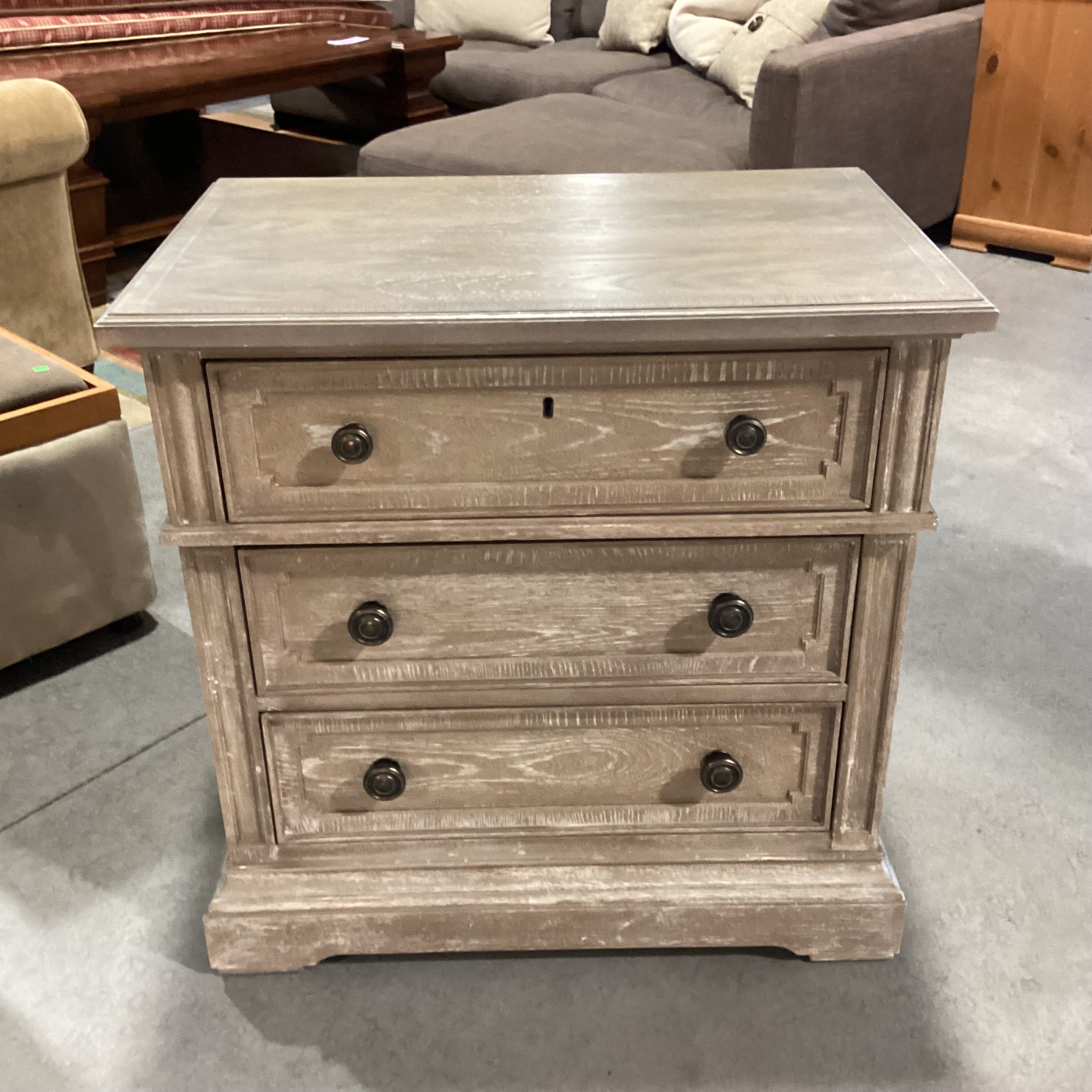 Stanley Furniture Wethersfeld Grey Washed Wood with Carved Detail 3 Drawer Nightstand 29.5"x 19"x 30"