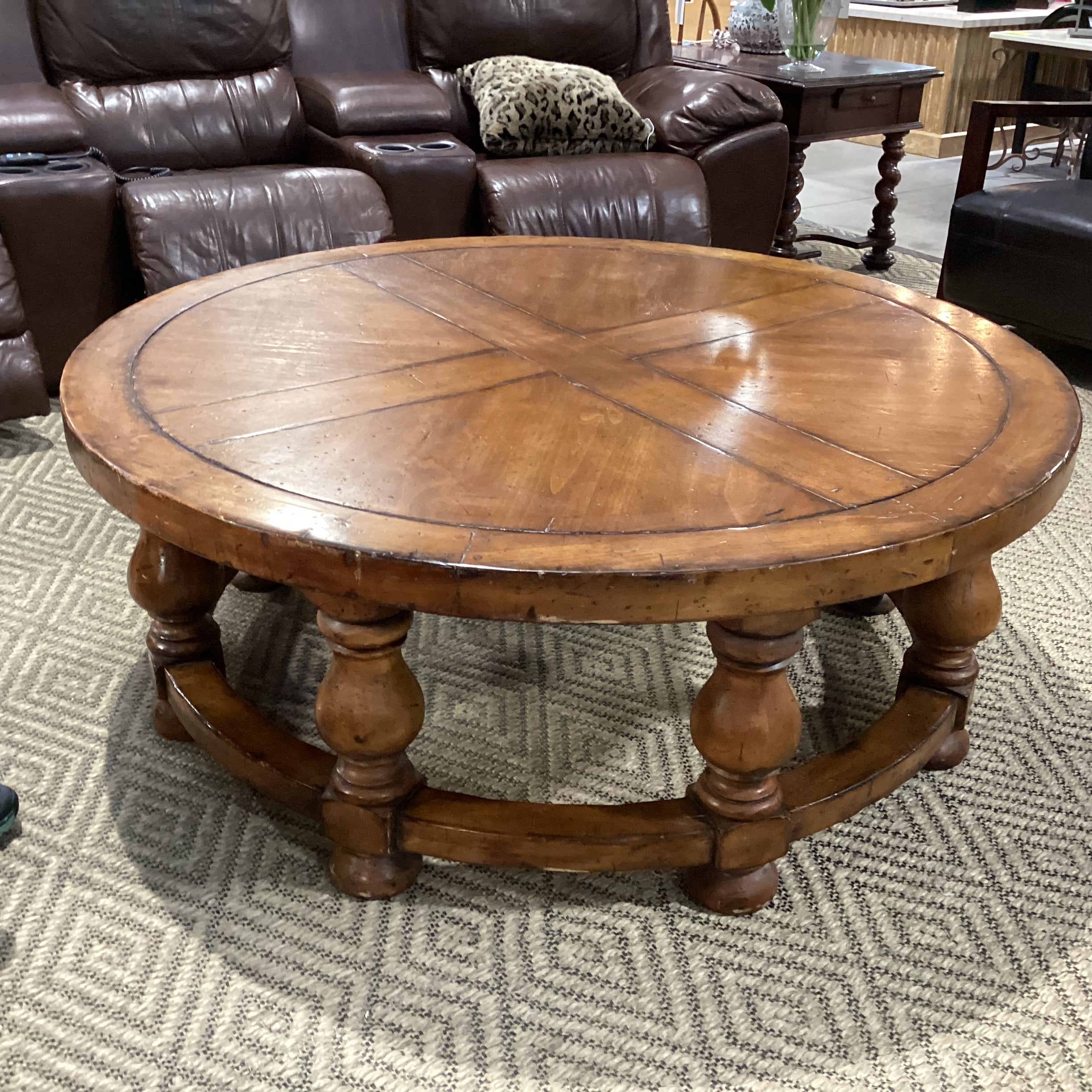 Round Carved Distressed Finish Wood Coffee Table 54" Diameter x 20"