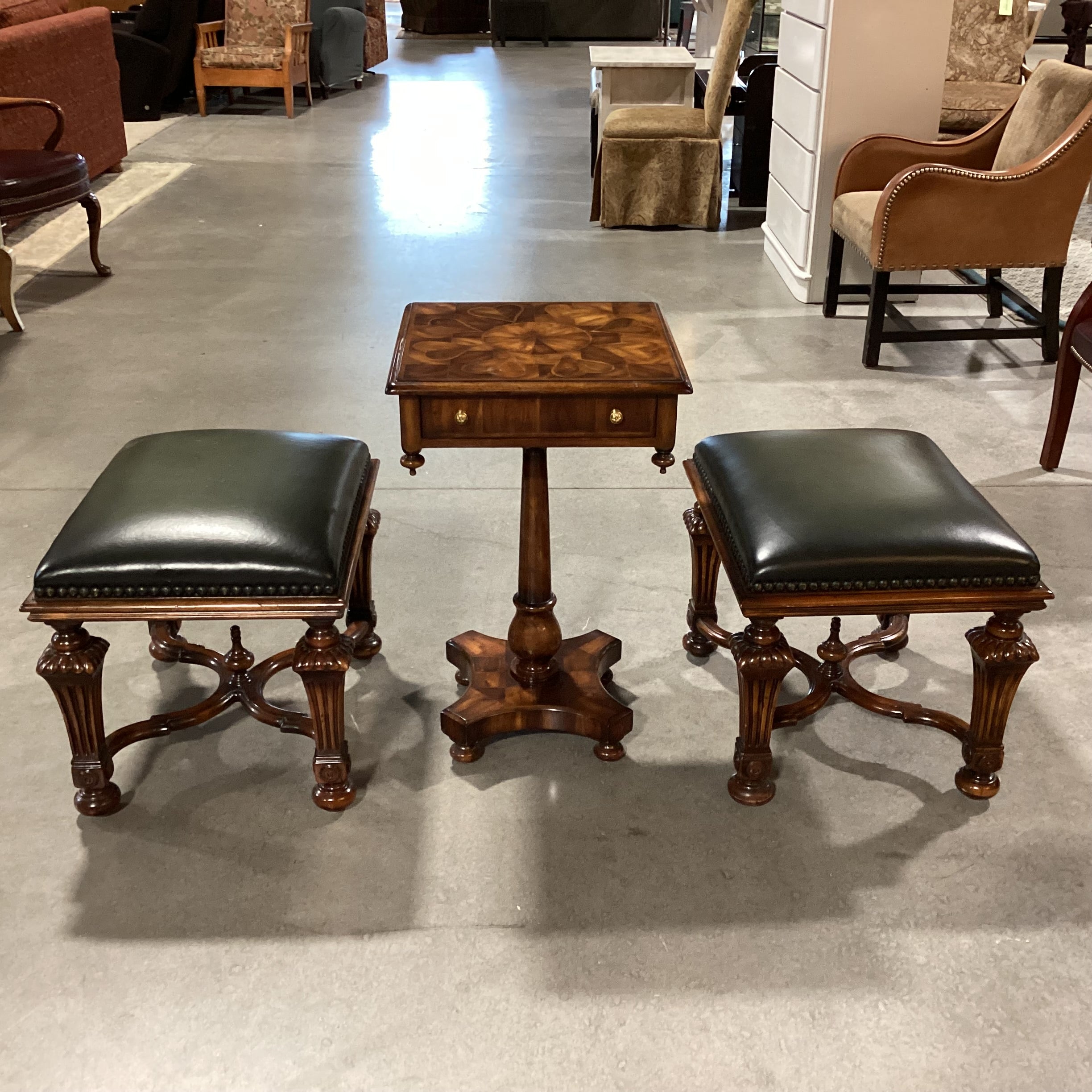 Set of 3 Theodore Alexander Carved Wood Inlay Heart Table & 2 Stool Ottomans Accent Table Set