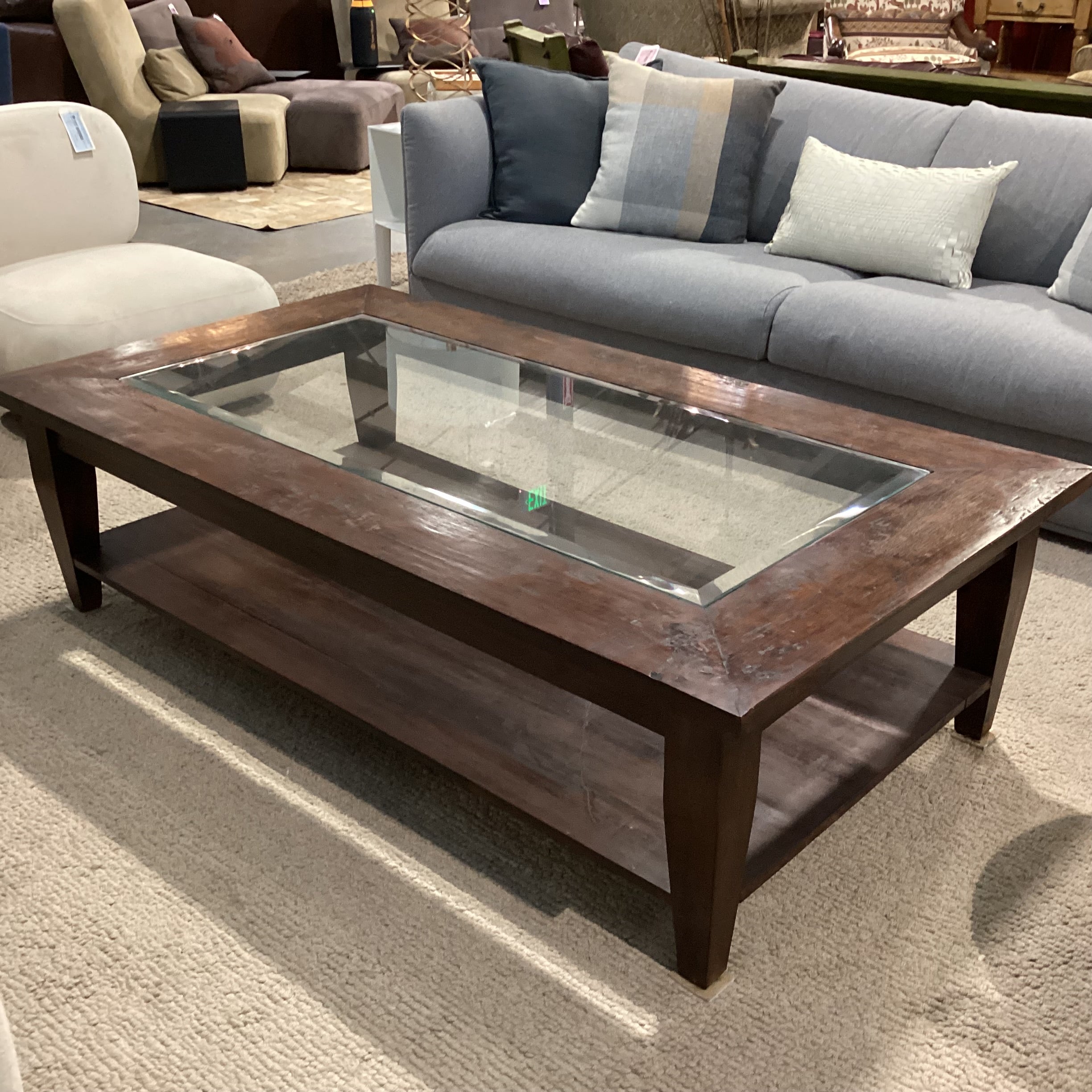 Dark Distressed Solid Wood with Glass Inset Top Coffee Table 63"x 35"x 18"