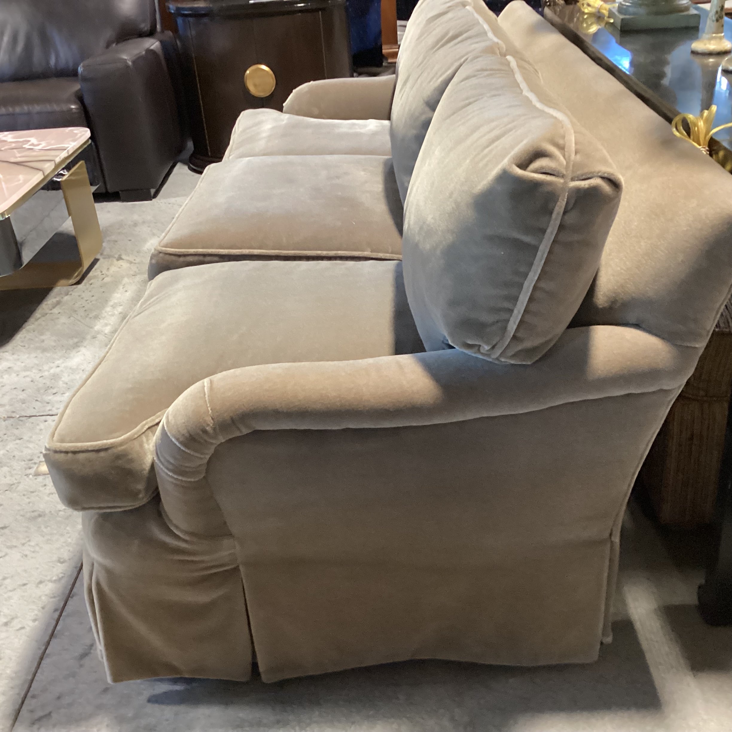 Rocky Mountain Upholstery Custom Taupe Mohair Sofa 87"x 40"x 30"