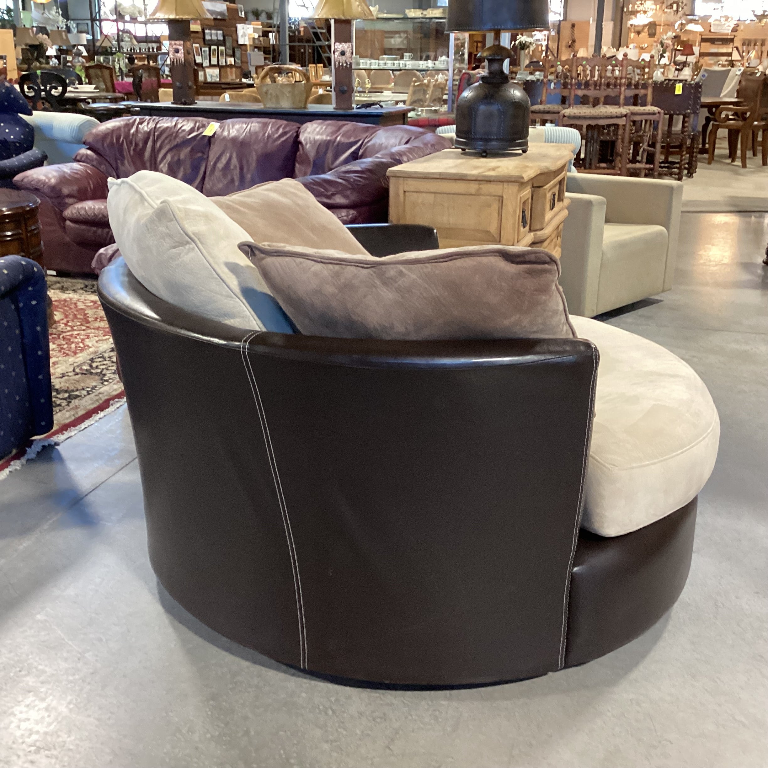 Beige Brown Micro Suede & Dark Brown Faux Leather Swivel Cuddle Chair 58"x 56"x 29"