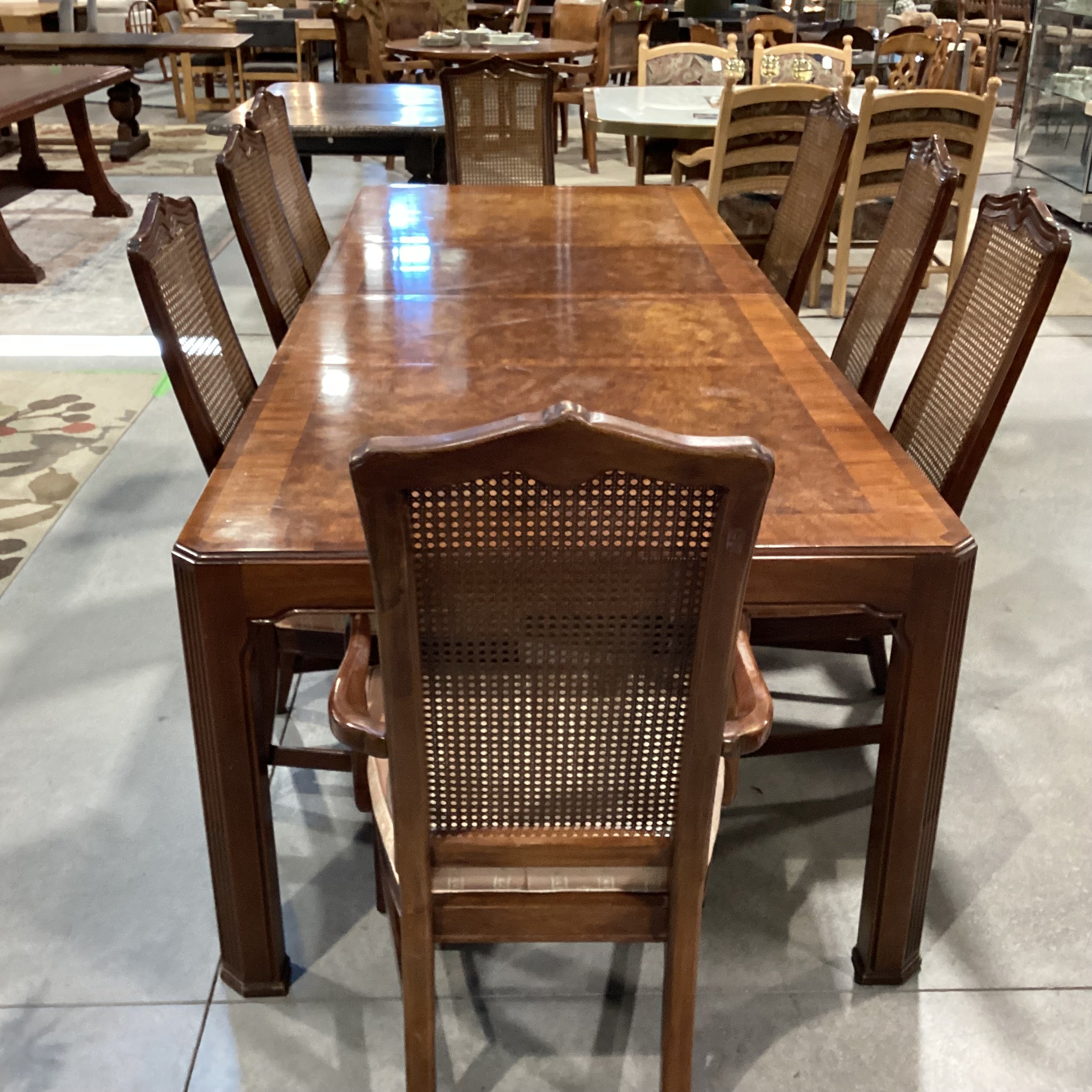 White Furniture Finished Wood & Burl Wood Veneer 2 Leaves Table with 8 Caned Chairs Dining Set 68" to 110"x 43"x 29.5"