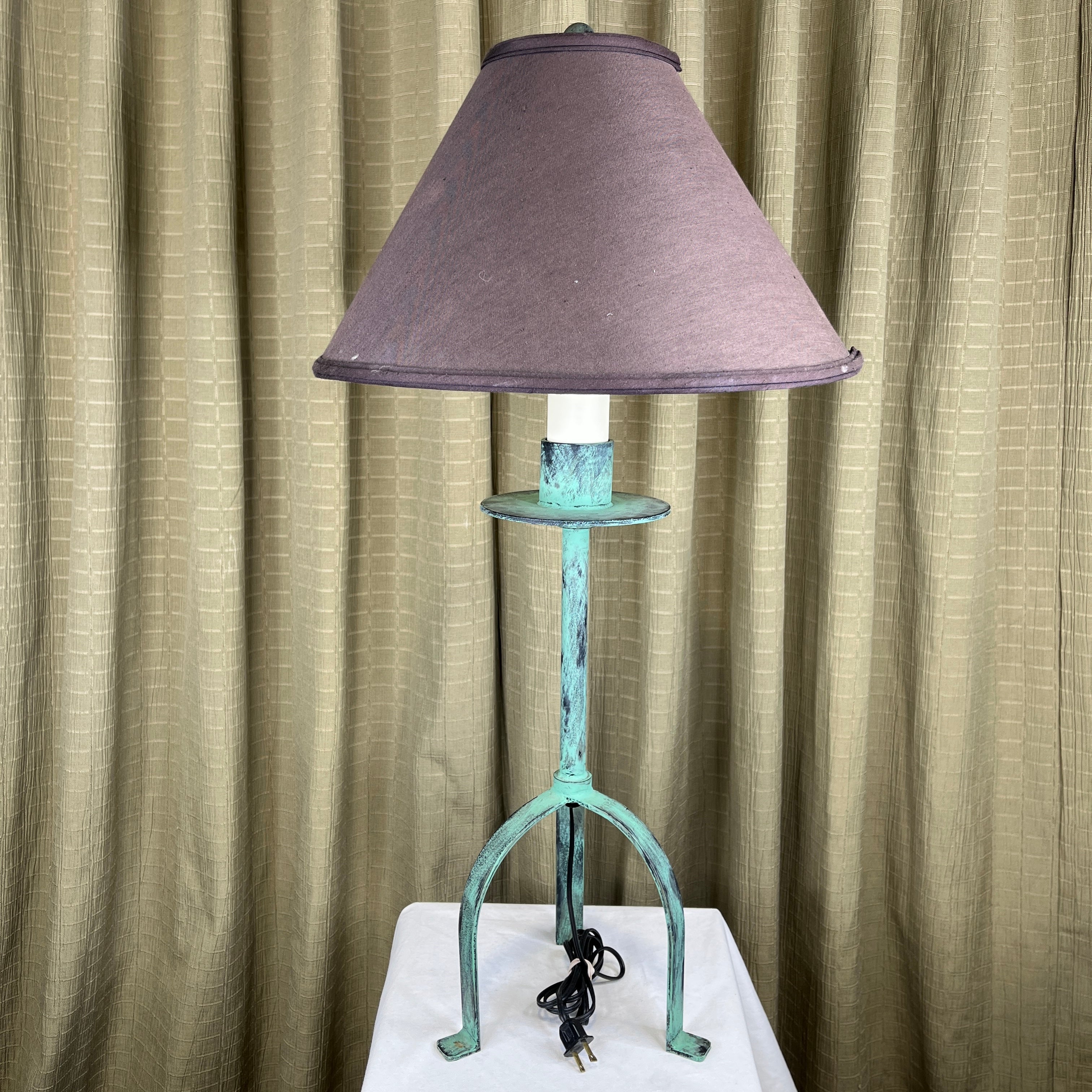 Distressed Turquoise Brushed Iron Candlestick Tripod Base with Shade Table Lamp 9"x 9"x 31"