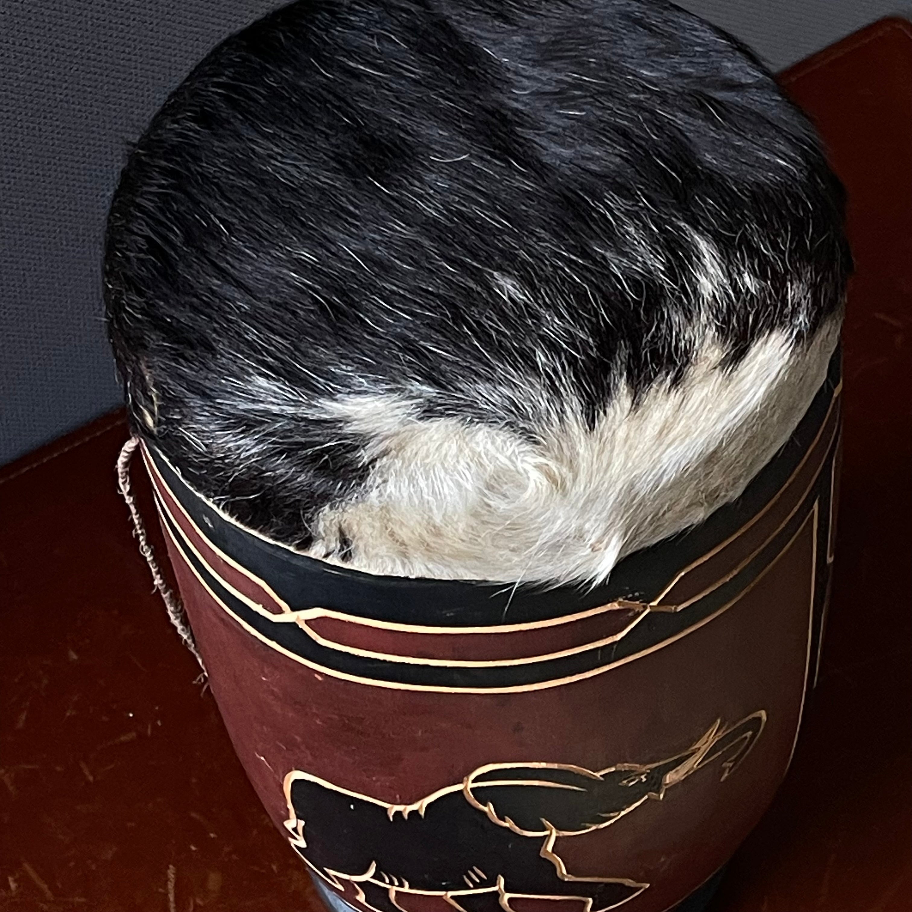 Set of 2 Handcrafted African Hide Covered Elephant and Rhino Drums