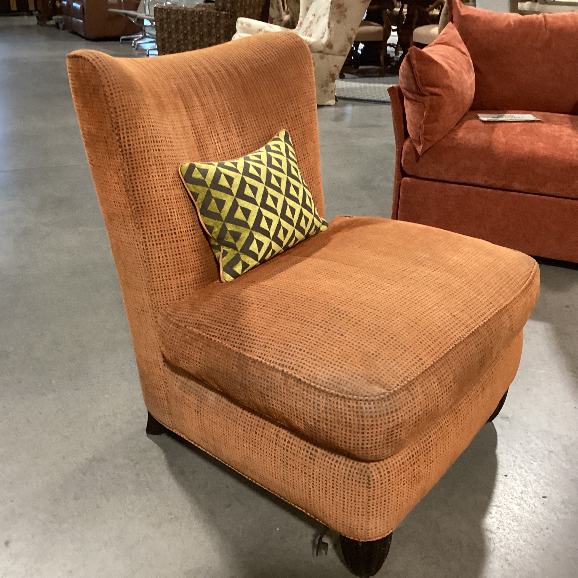 Vintage Mid Century Modern Burnt Orange Woven with Geometric Pillow Chair 32"x 34"x 35"