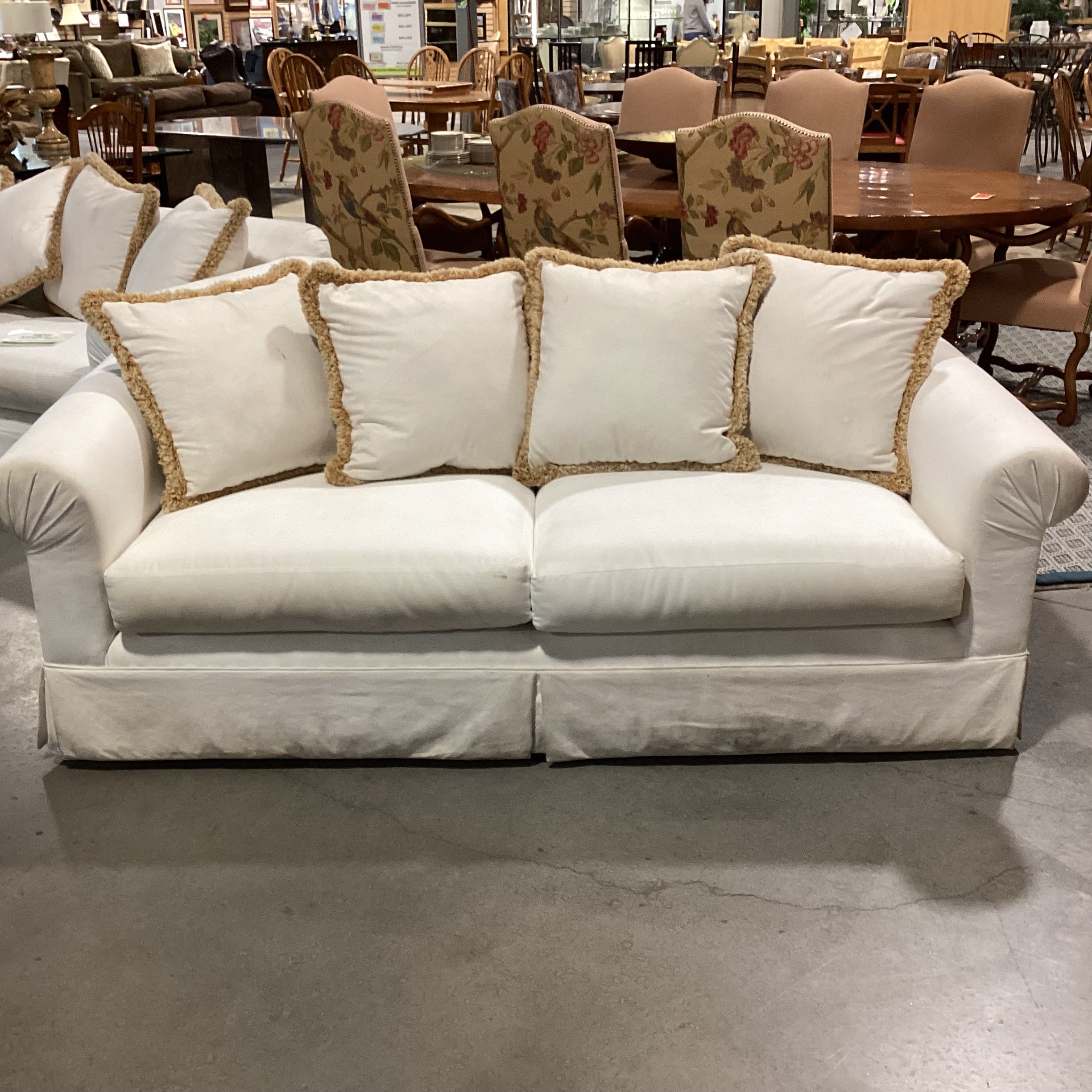 Custom Cream with Gold Tan Fringe Down Mix Roll Arm Sofa 85"x 40"x 31"