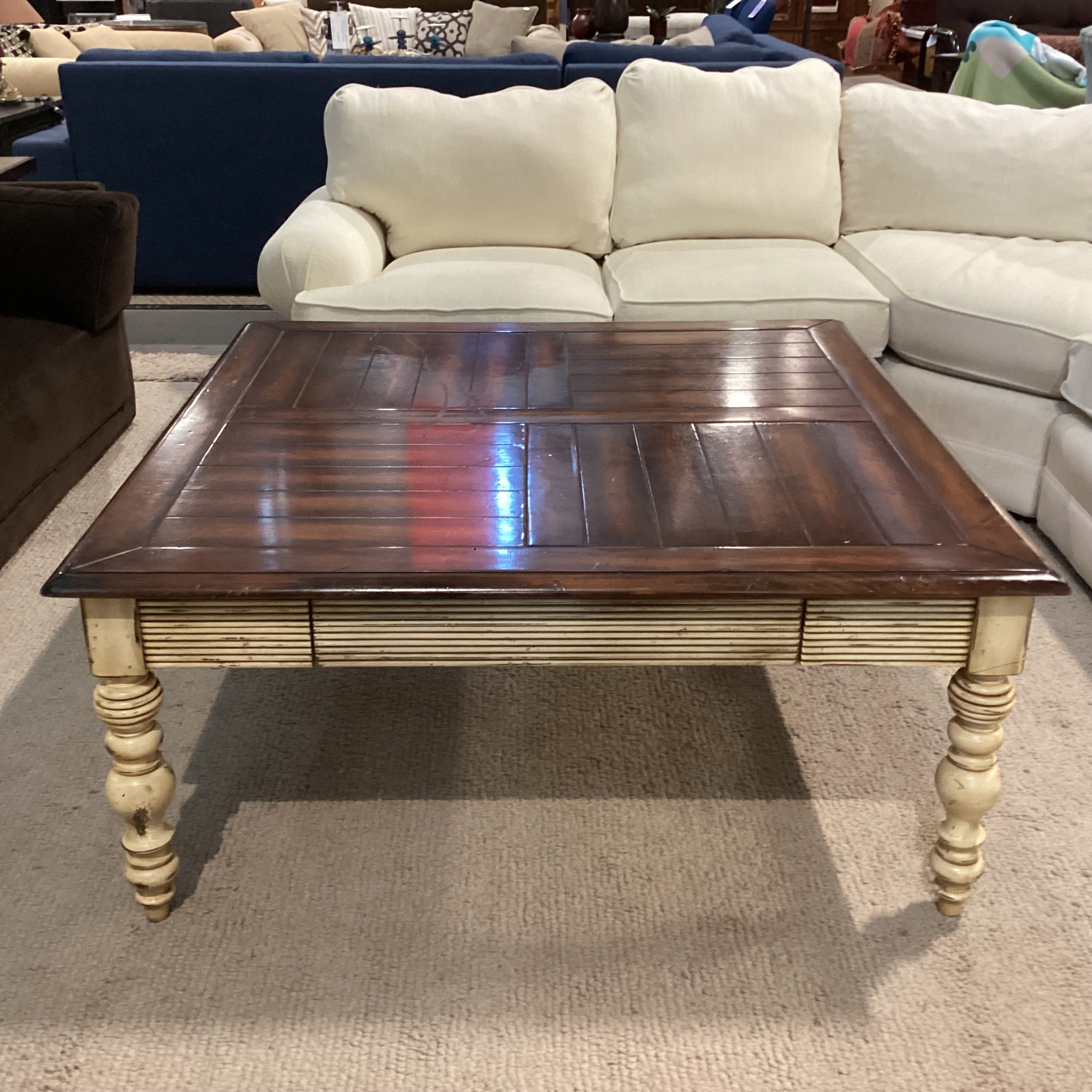 Antiqued Cream & Dark Finished Carved Wood 2 Drawer Coffee Table 48"x 48"x 21"