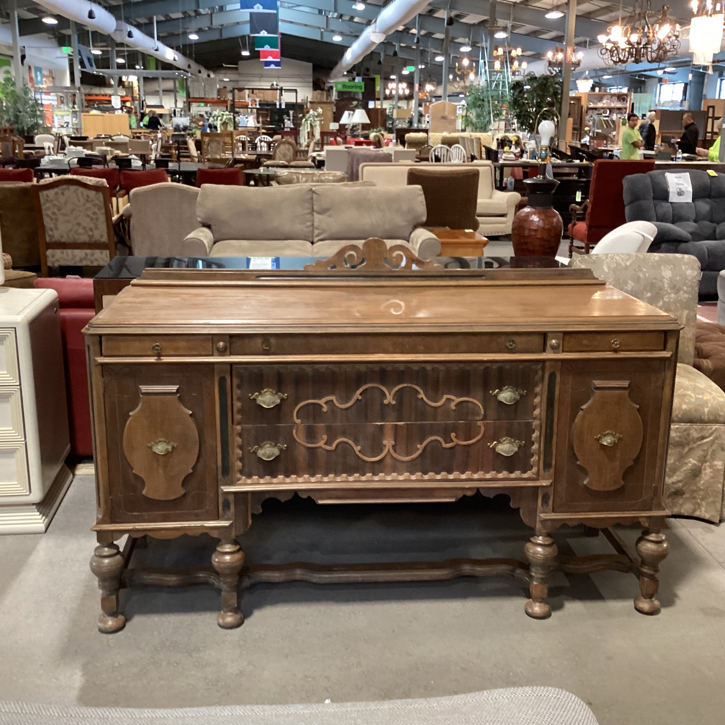 Antique Carved Detail & Ornate Molding 5 Drawer 2 Door Sideboard 67"x 22.5"x 43.5"