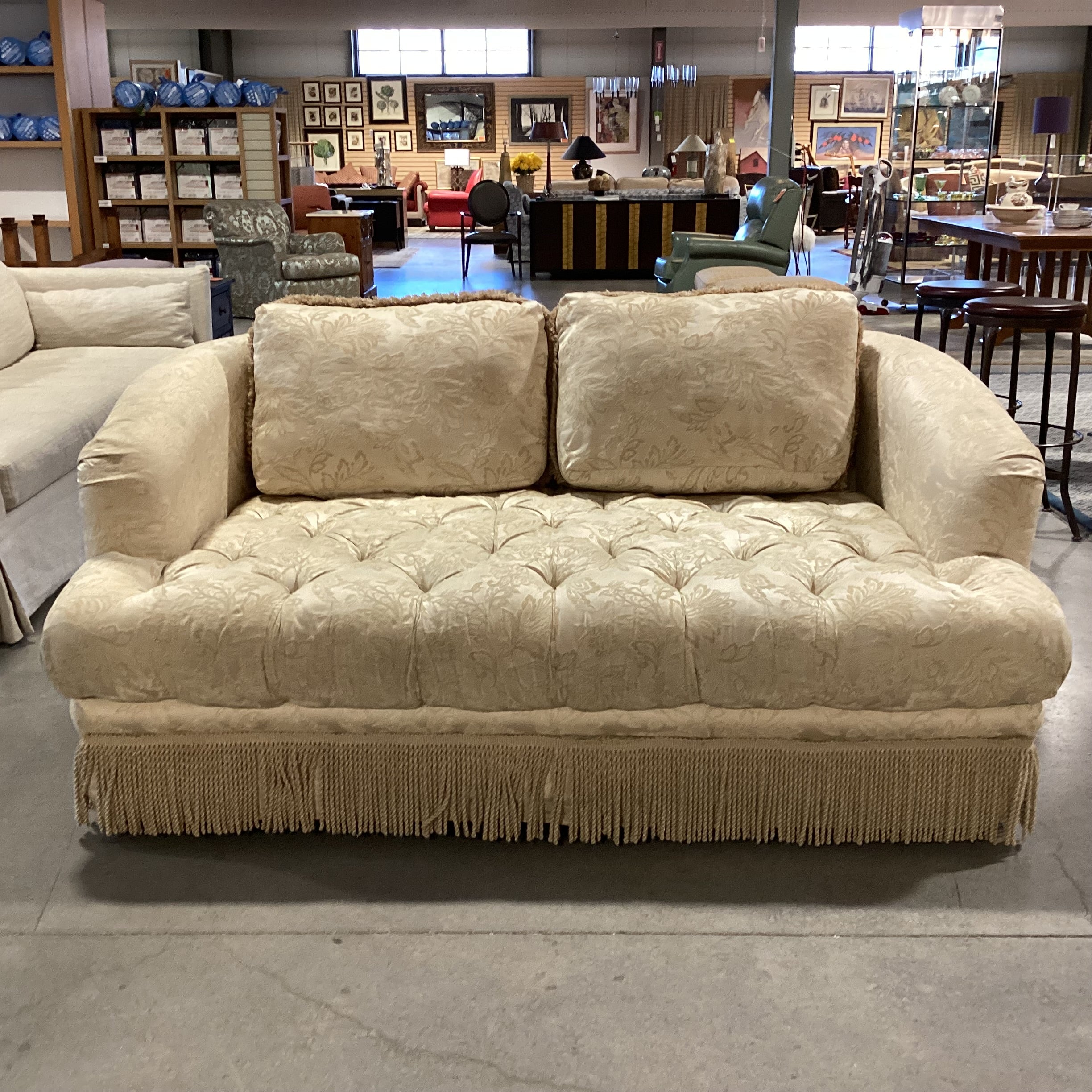Cream Gold Raised Floral Tufted with Fringe Sofa 71"x 39"x 33"