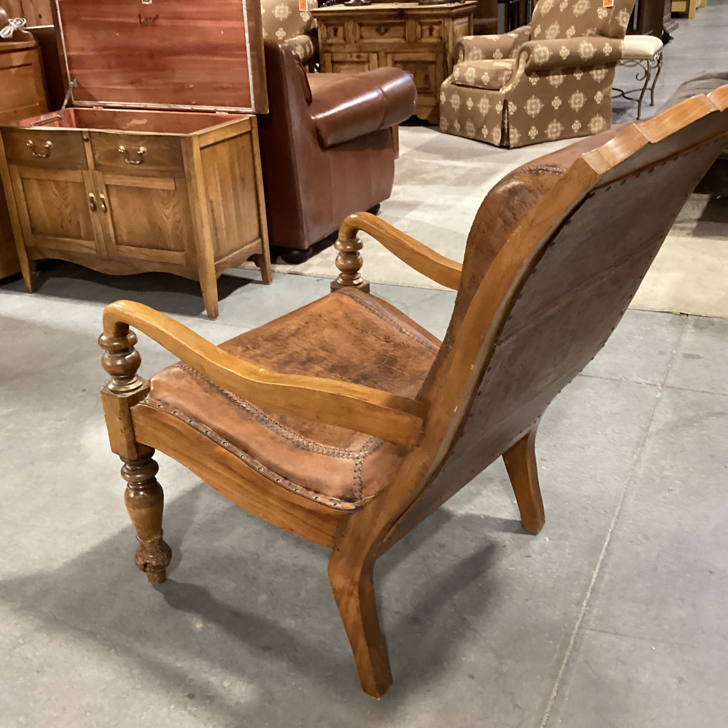 Carved Wood With Distressed Leather Nailhead Plantation Style Lounge Chair 29"x 34"x 39"