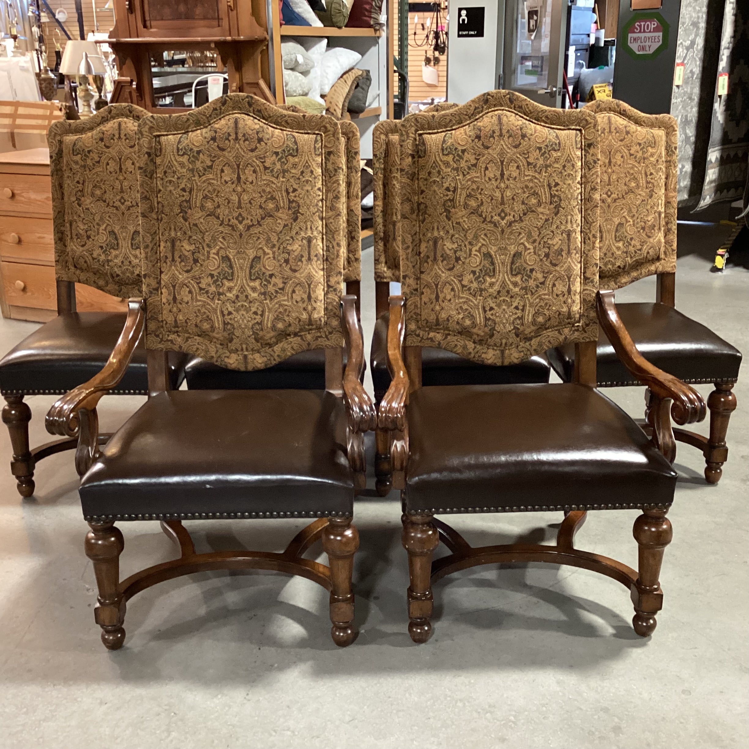 SET of 6 Bernhardt Carved Wood Brown Gold Paisley & Leather Nailhead Dining Chairs 29"x 25"x 49"