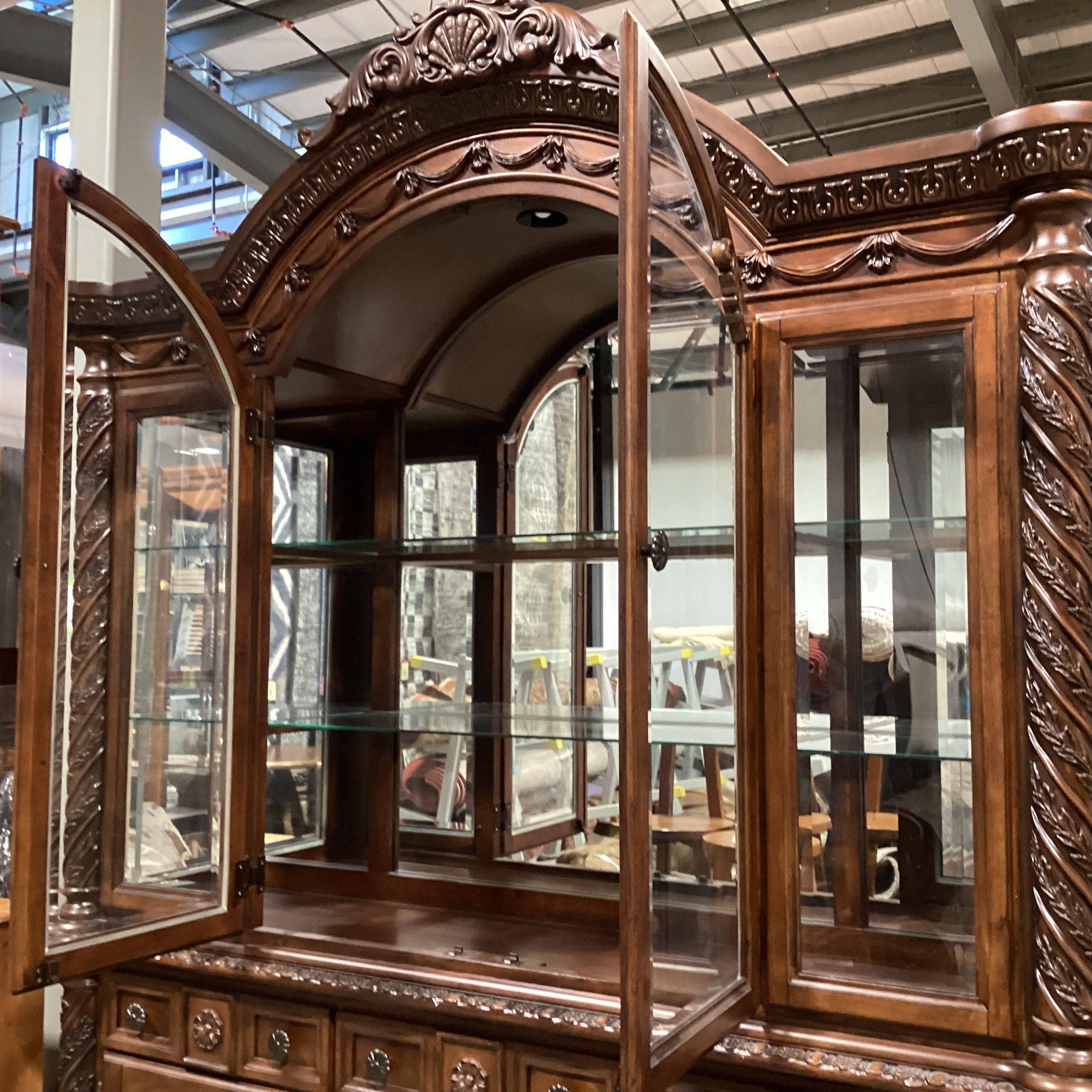 Ashley Furniture North Shore Ornate Carved Wood & Glass 2 Piece China Hutch 71"x 19"x 91"