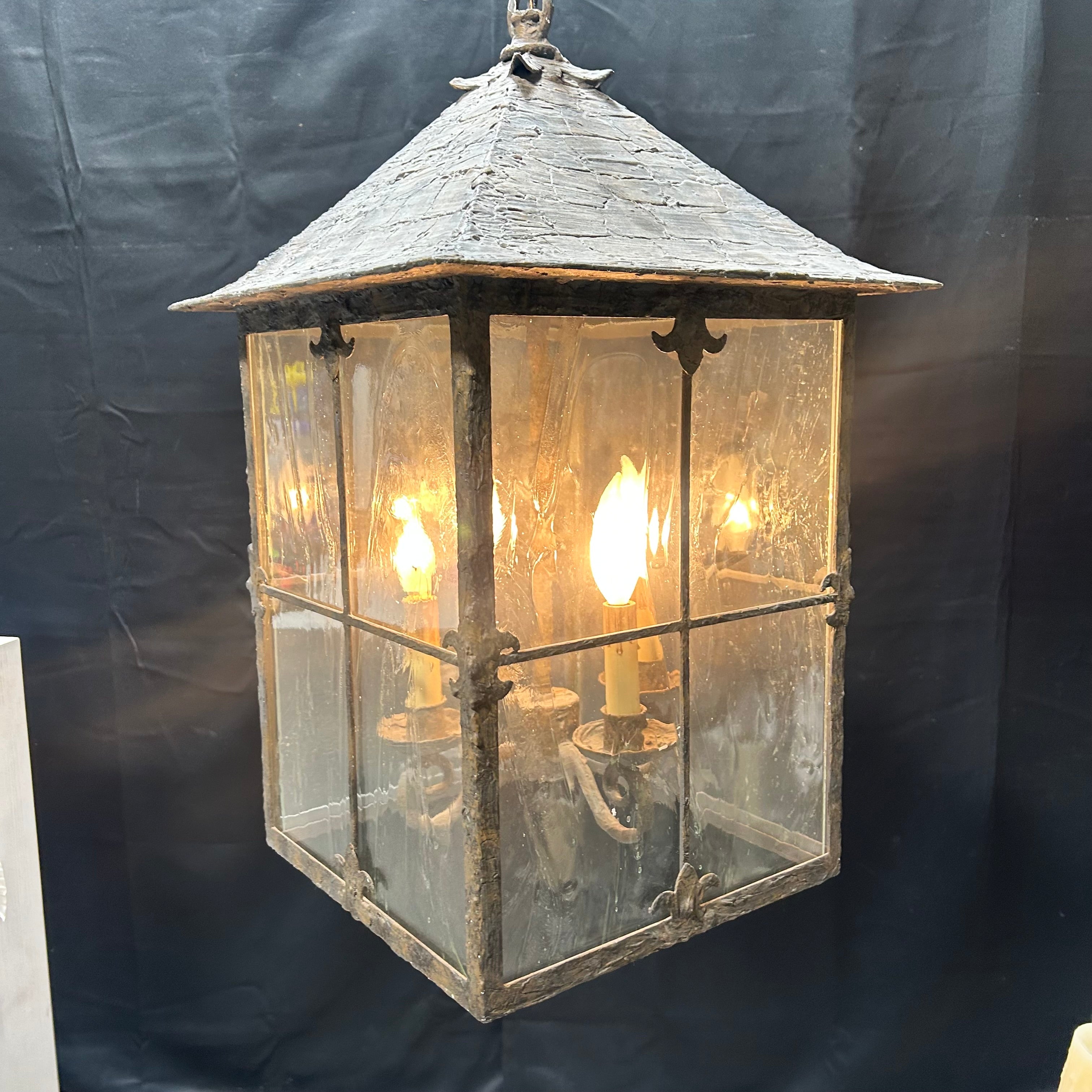 Vintage Rustic Metal & Textured Glass 4 Light Candelabra 12"x 25"Pendant