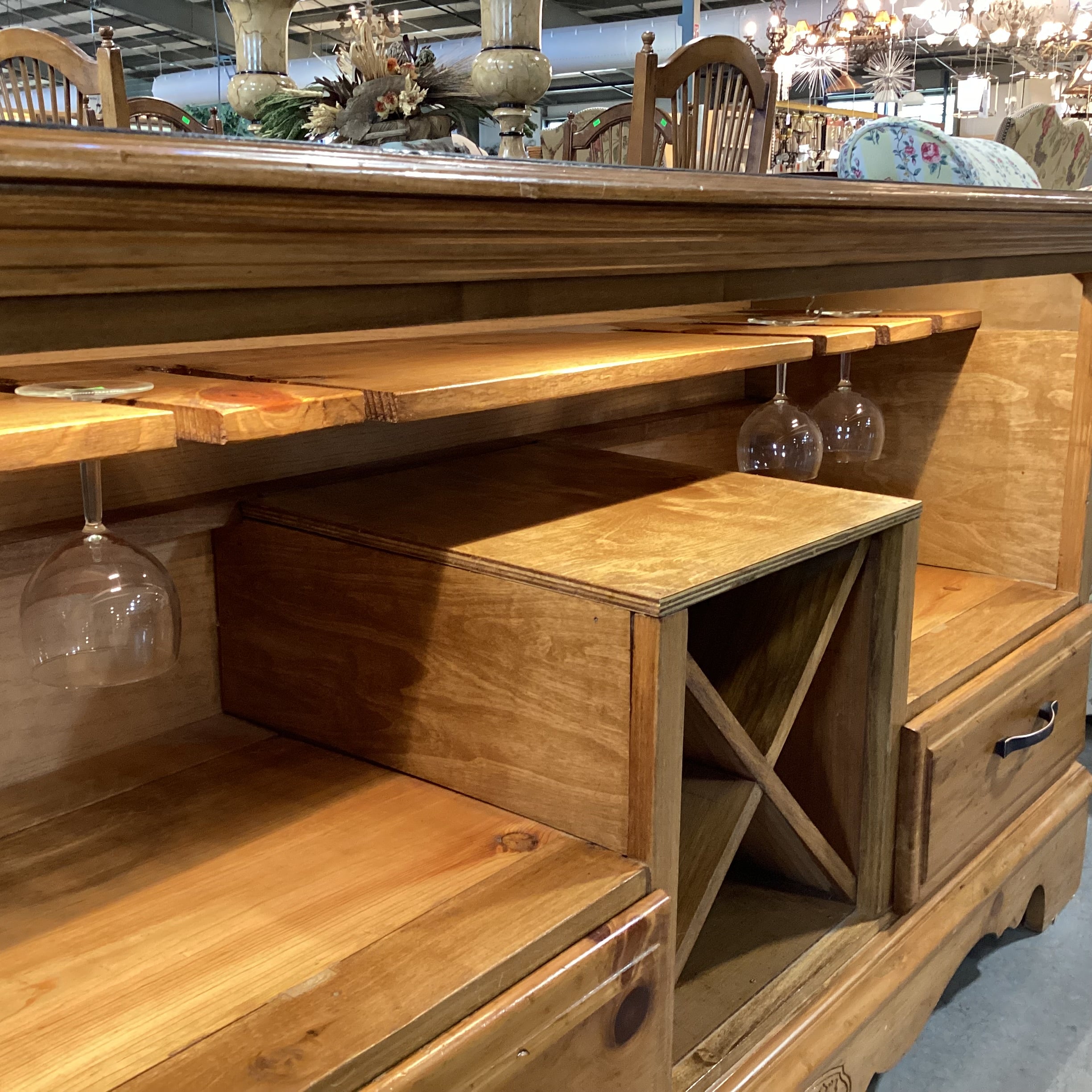 Carved Pine with Black Top Glass Slots Wine Rack 2 Drawer & Lighted Bar Buffet 54"x 18"x 30"