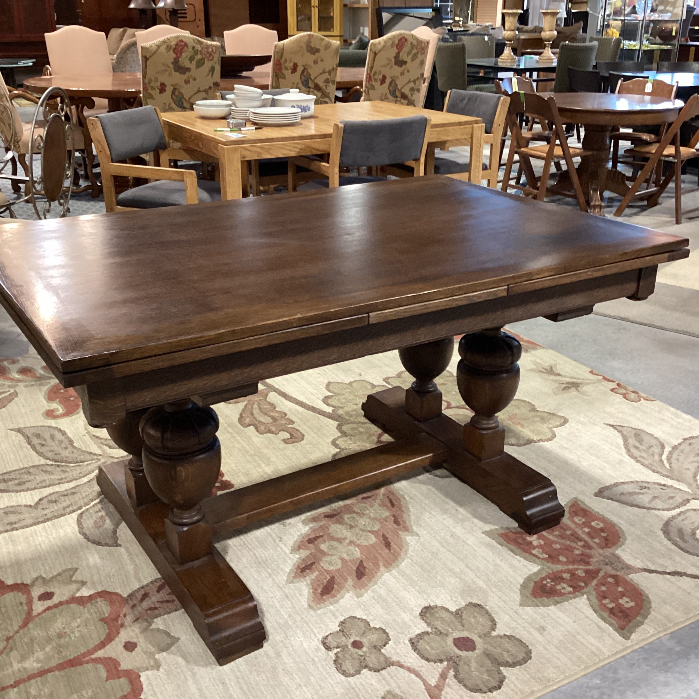 Antique Oak with Ornate Carved Trestle & 2 Extended End Leaves Dining Table 59" to 104"x 39"x 31"