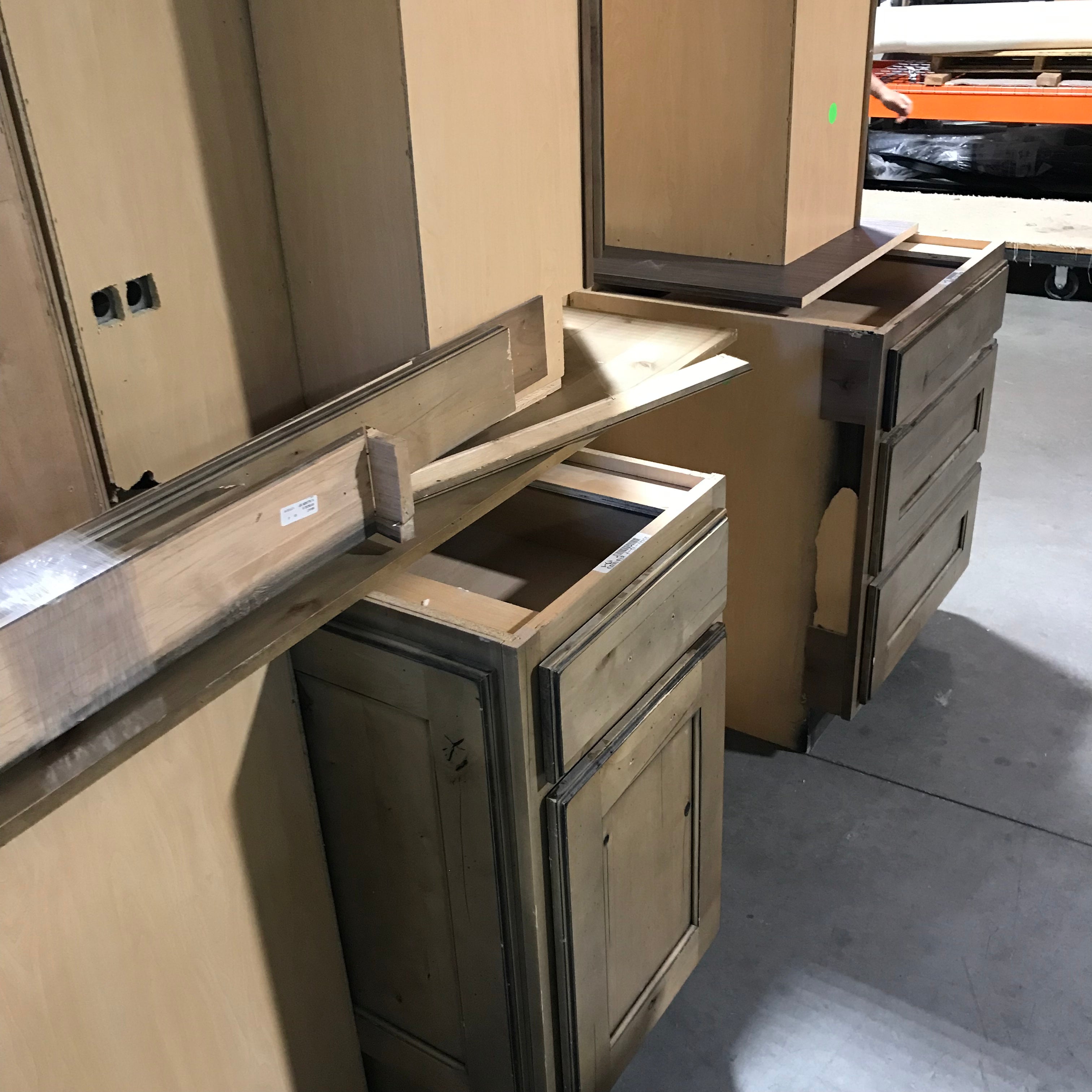 12 pc. Knotty Alder Stained Finish, No Hardware 2 Island Bases, 4 Lowers, 6 Uppers-one glass door Cabinet Set